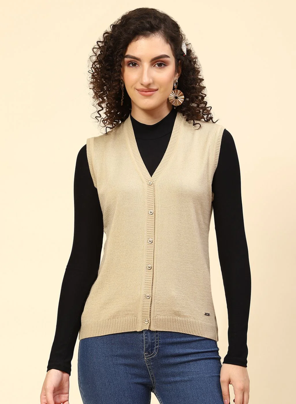 Women Beige Solid Wool blend Cardigan - Image 2