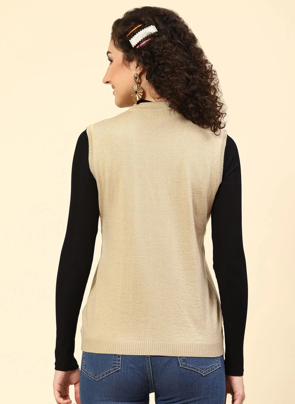 Women Beige Solid Wool blend Cardigan - Image 5