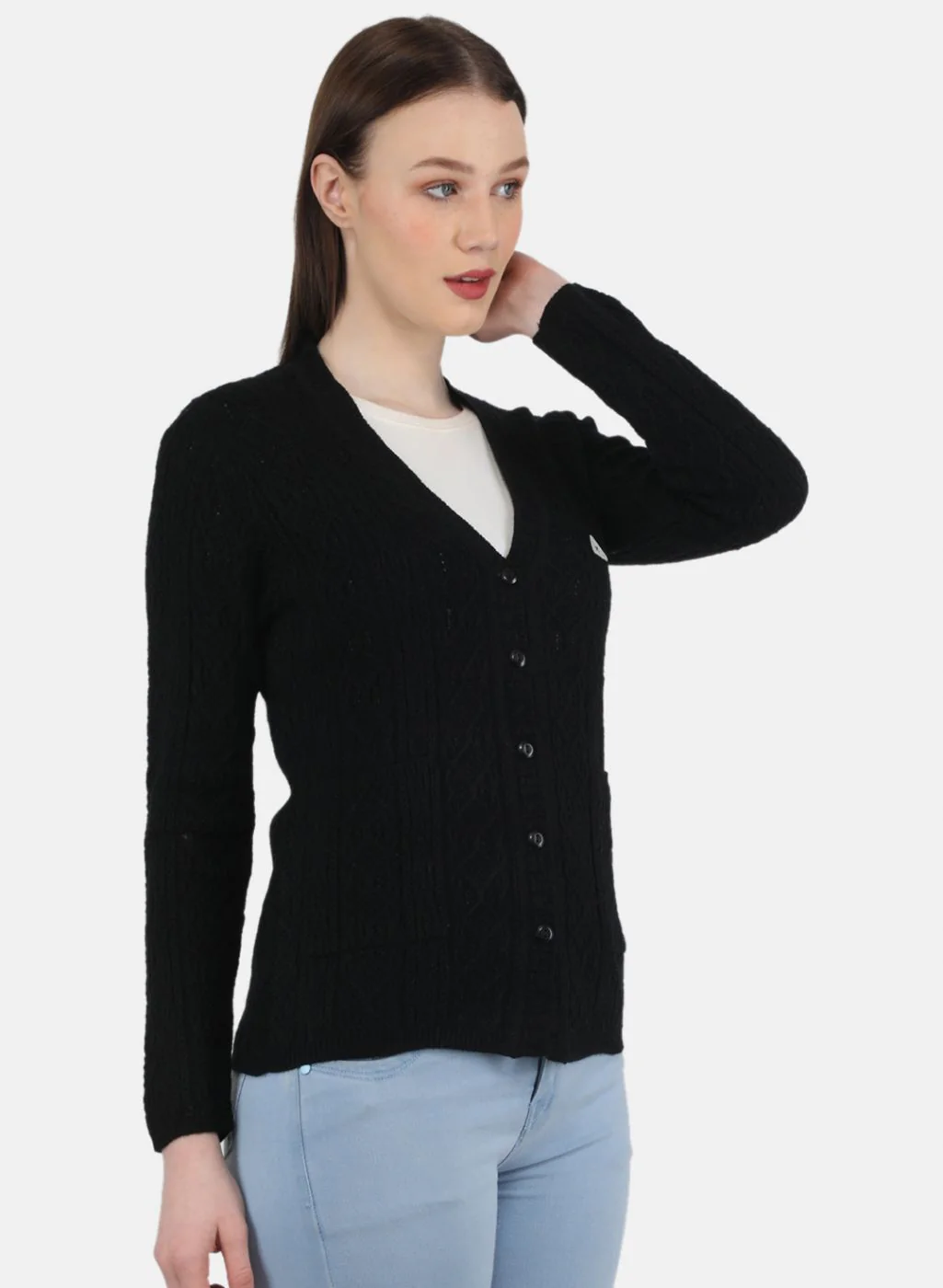 Women Black Self Design Cardigan - Image 6