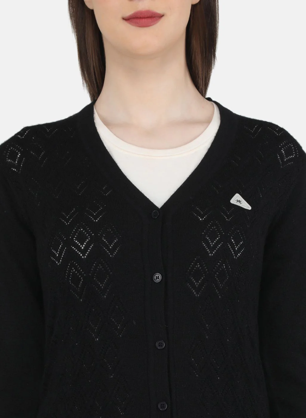 Women Black Self Design Cardigan - Image 5