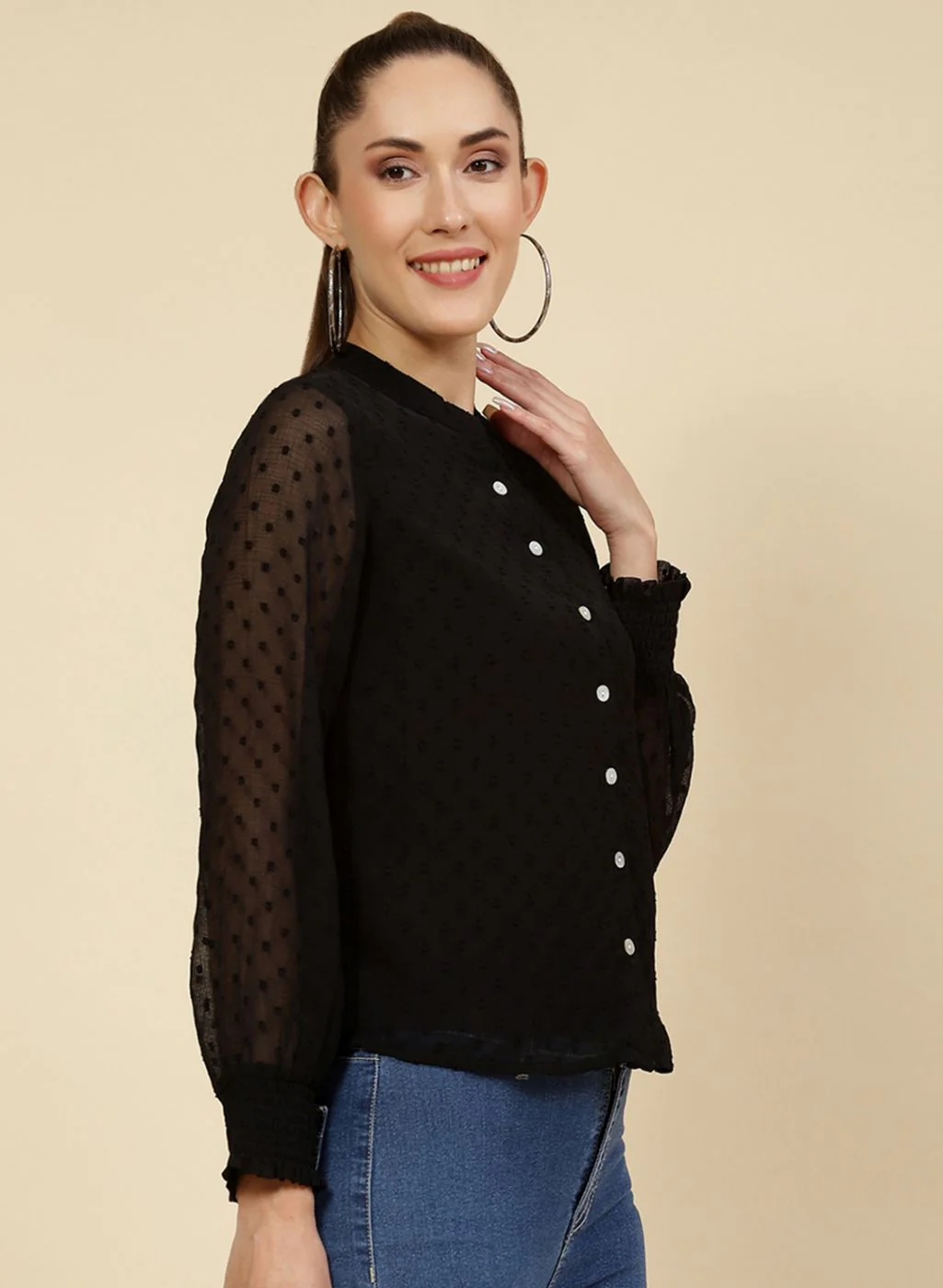 Women Black Self Design Top - Image 4