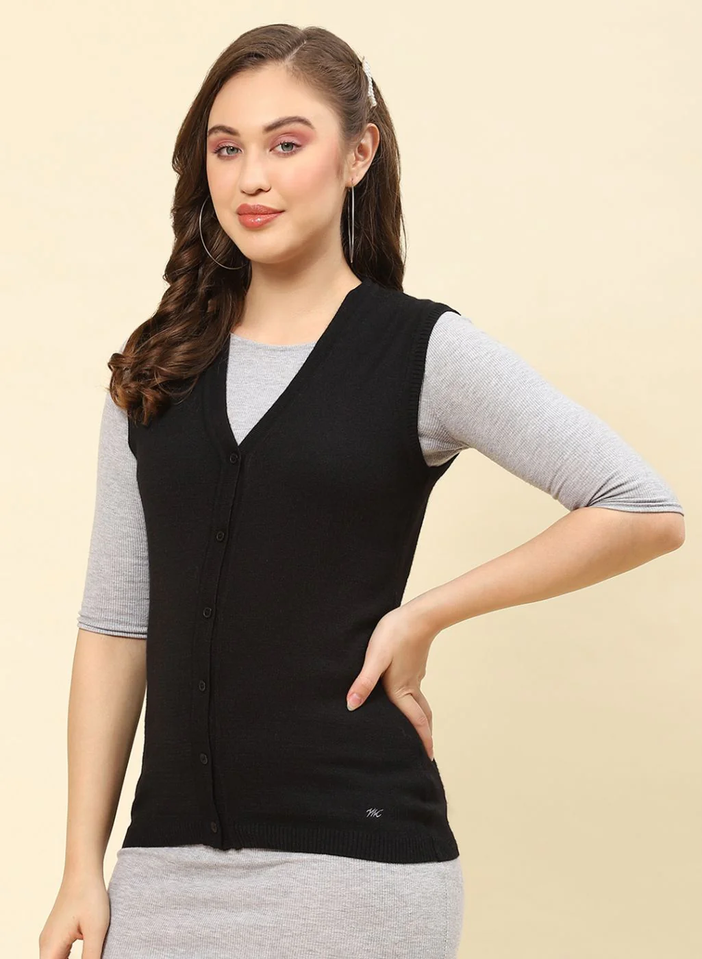 Women Black Solid Modal Nylone Cardigan - Image 3