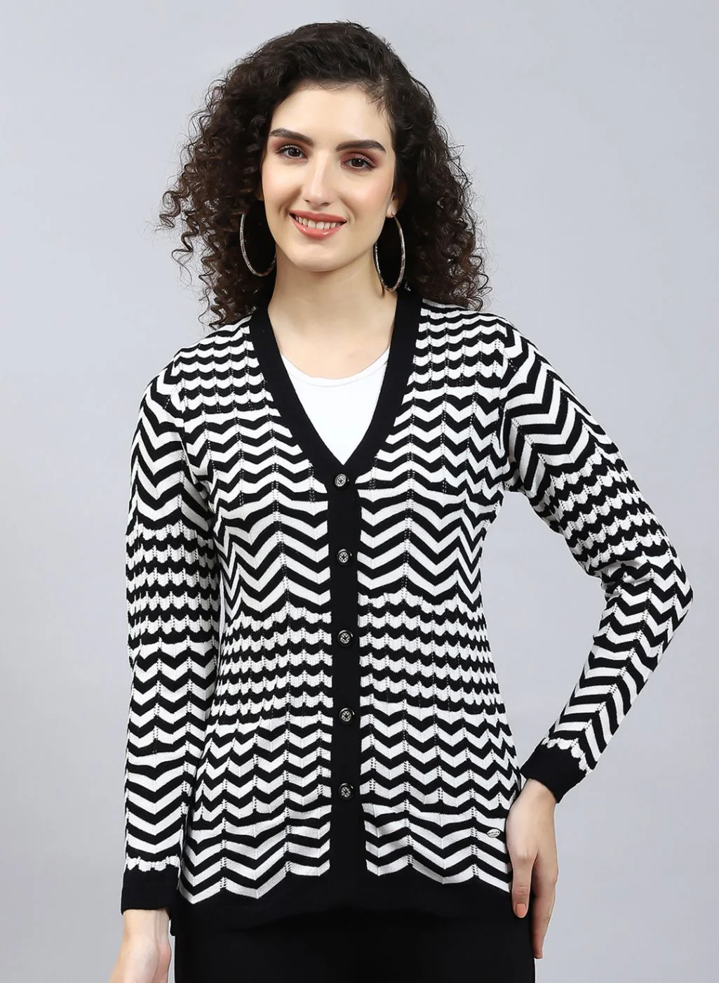 Women Black Stripe Wool blend Cardigan - Image 2
