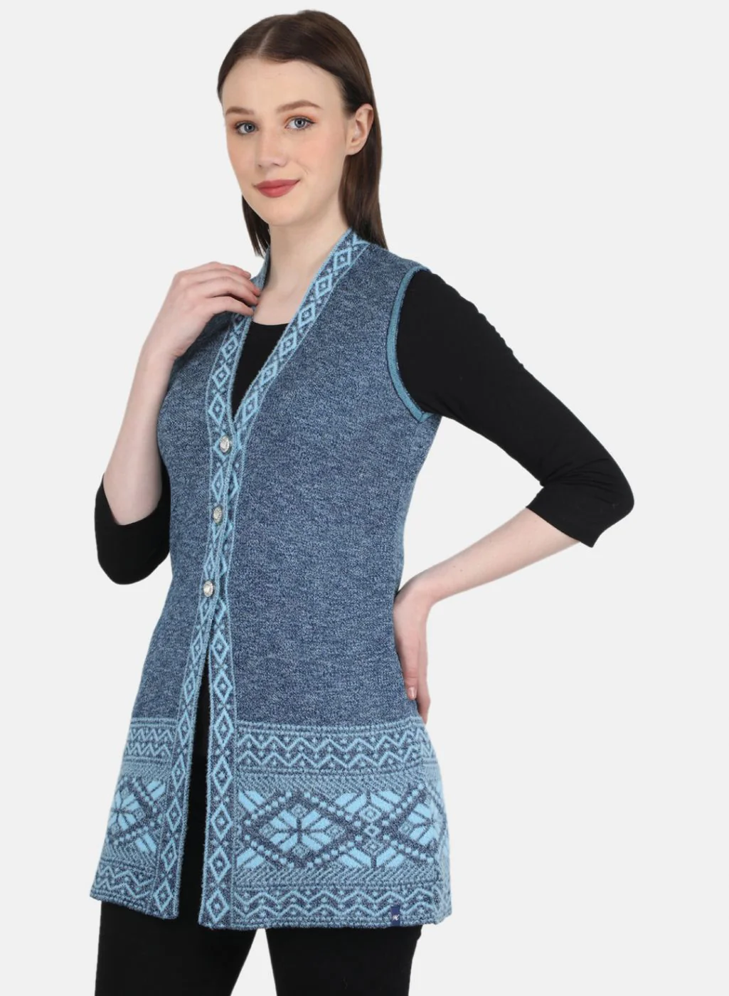 Women Blue Jaquard Cardigan - Image 2
