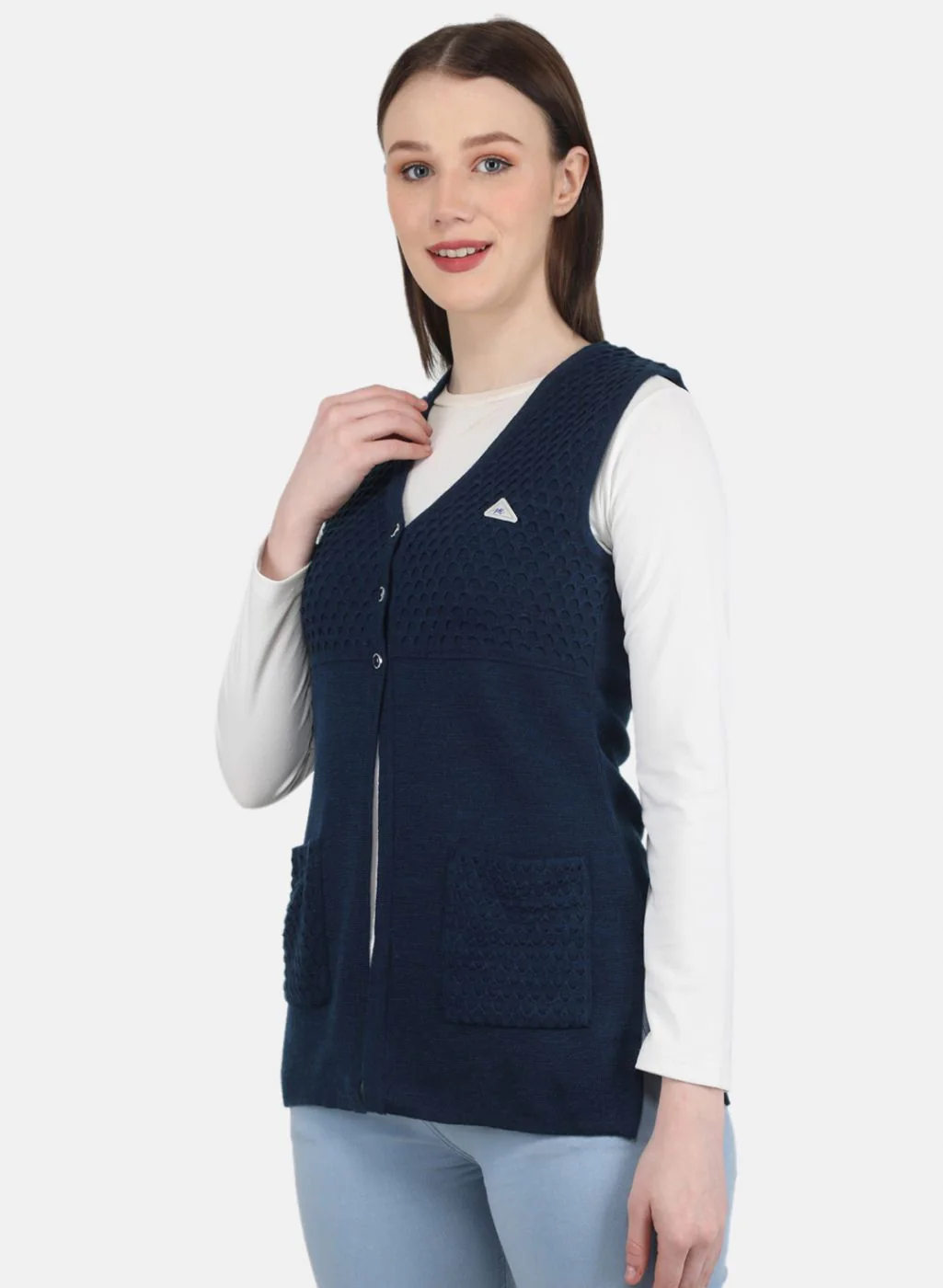 Women Blue Self Design Cardigan - Image 2