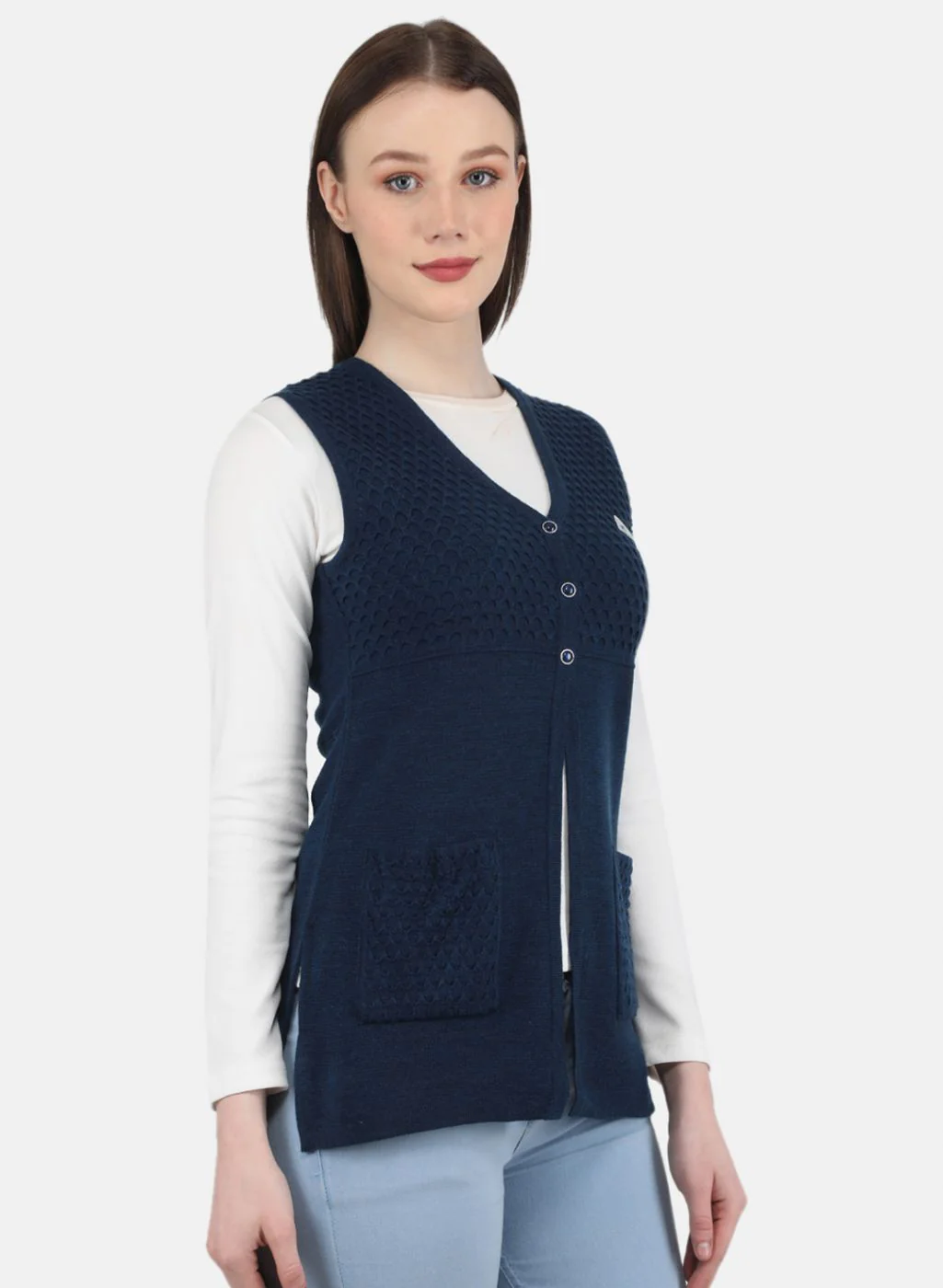 Women Blue Self Design Cardigan - Image 6