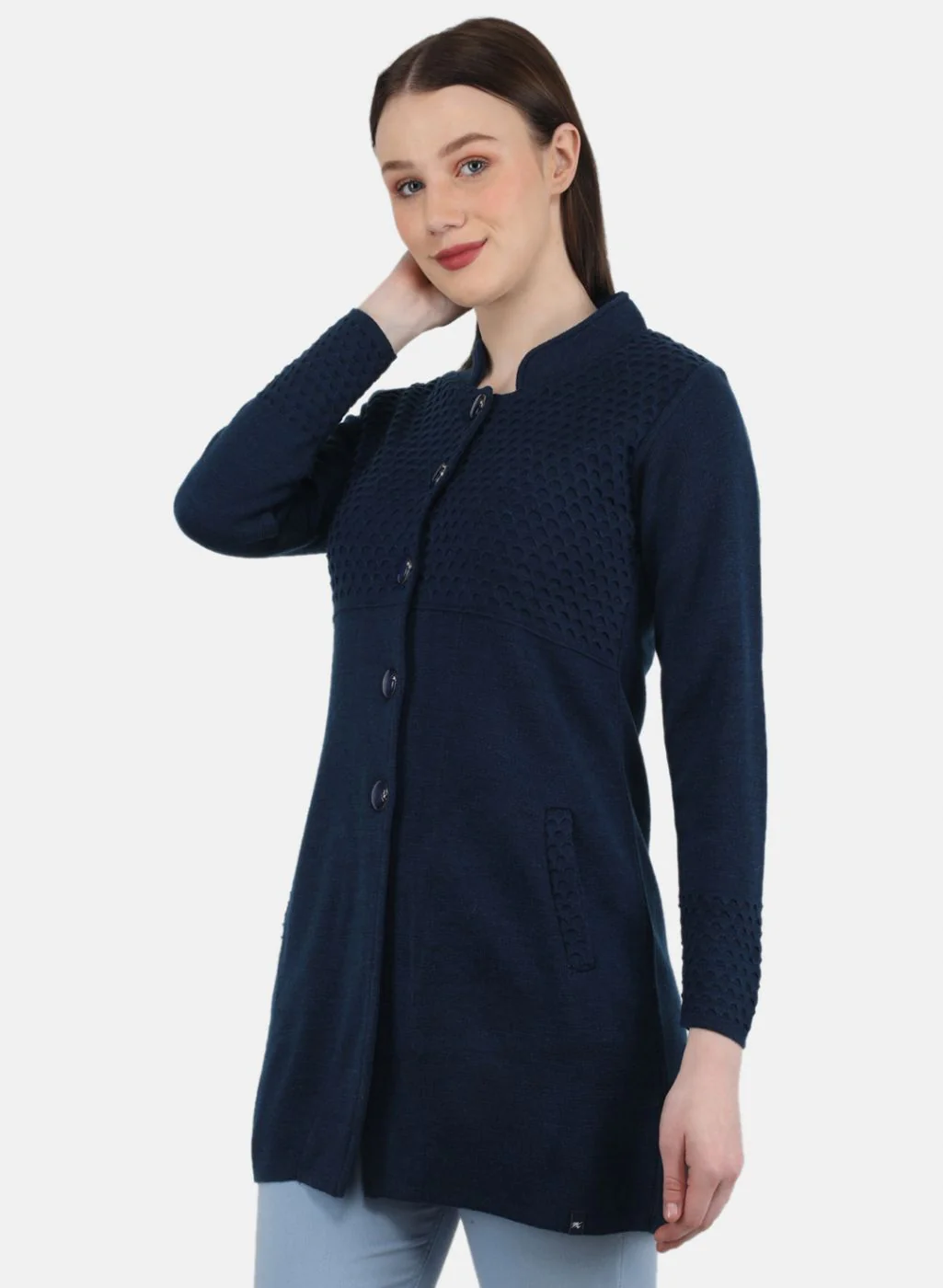 Women Blue Self Design Coat - Image 2