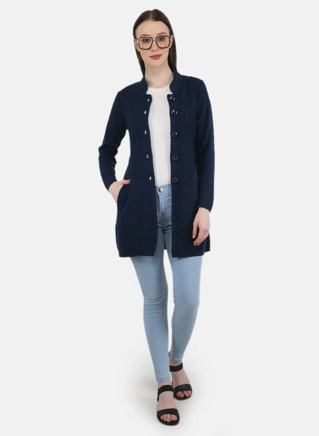 Women Blue Self Design Coat - Image 4