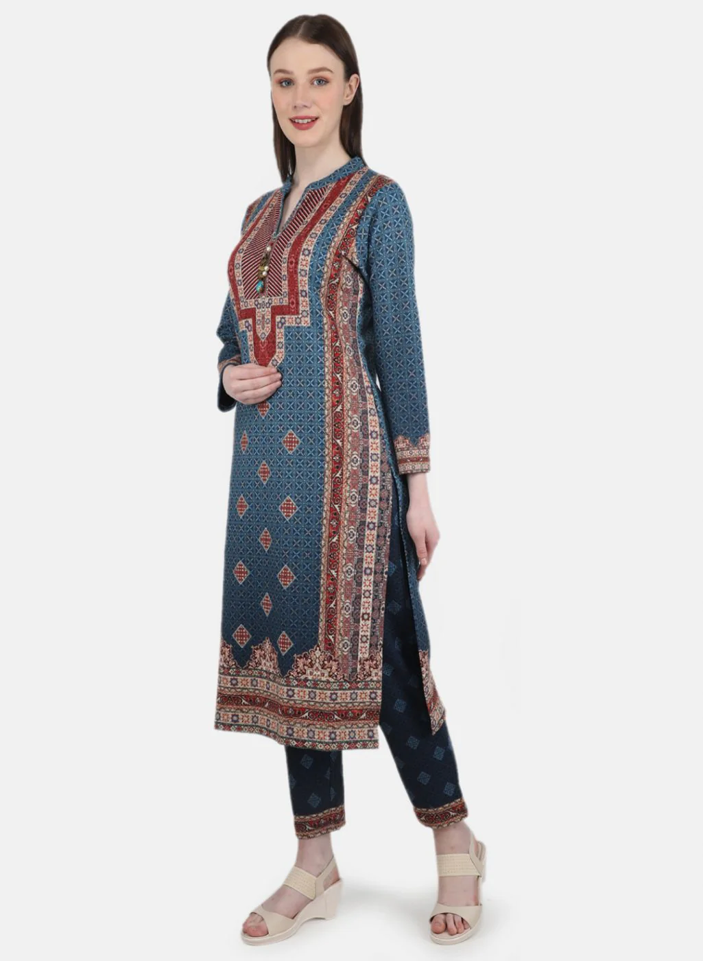 Women Blue Self Design Kurti+Lower Set - Image 2