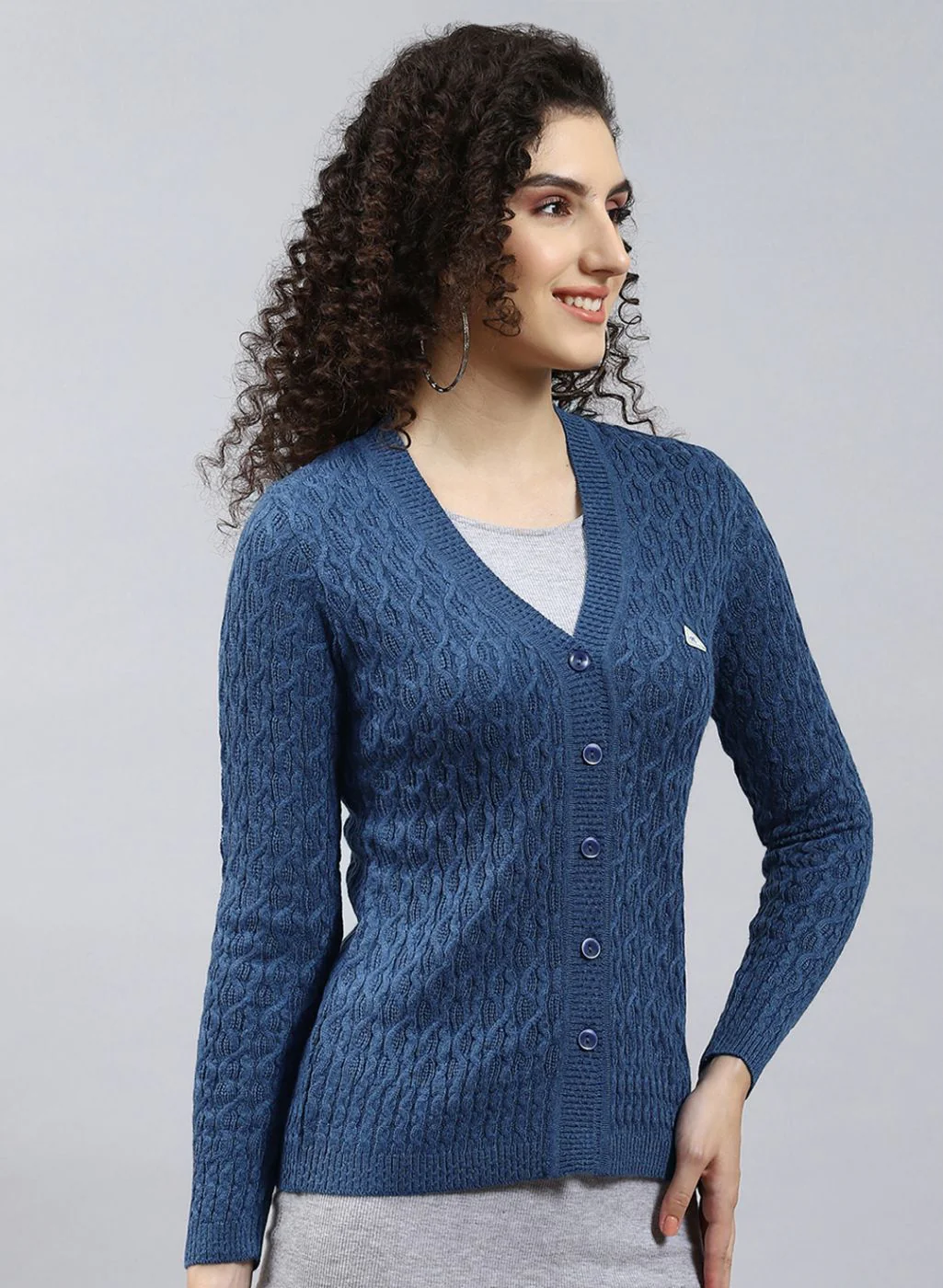 Women Blue Self Design Wool blend Cardigan - Image 4