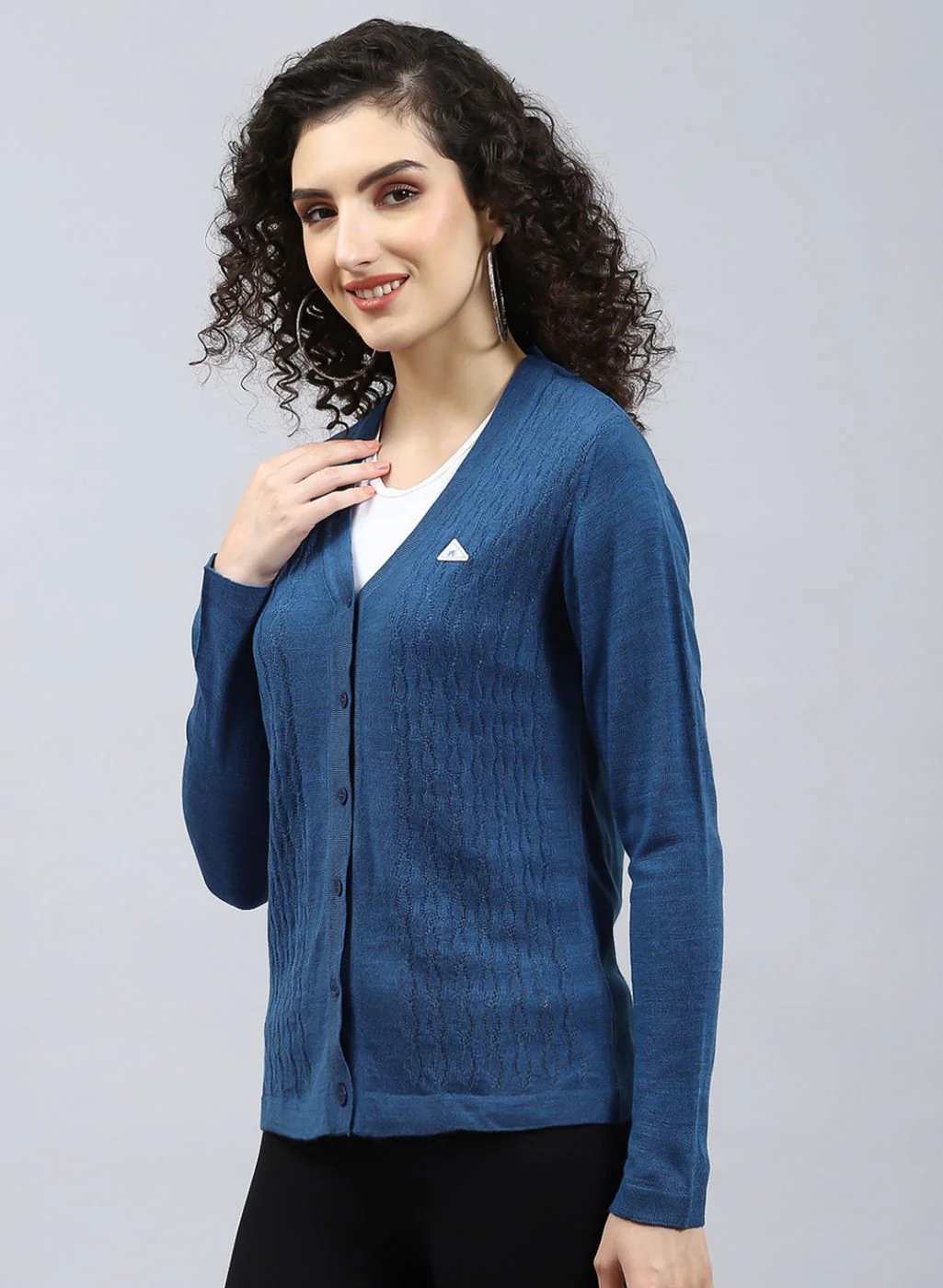 Women Blue Self Design Wool blend Cardigan - Image 3