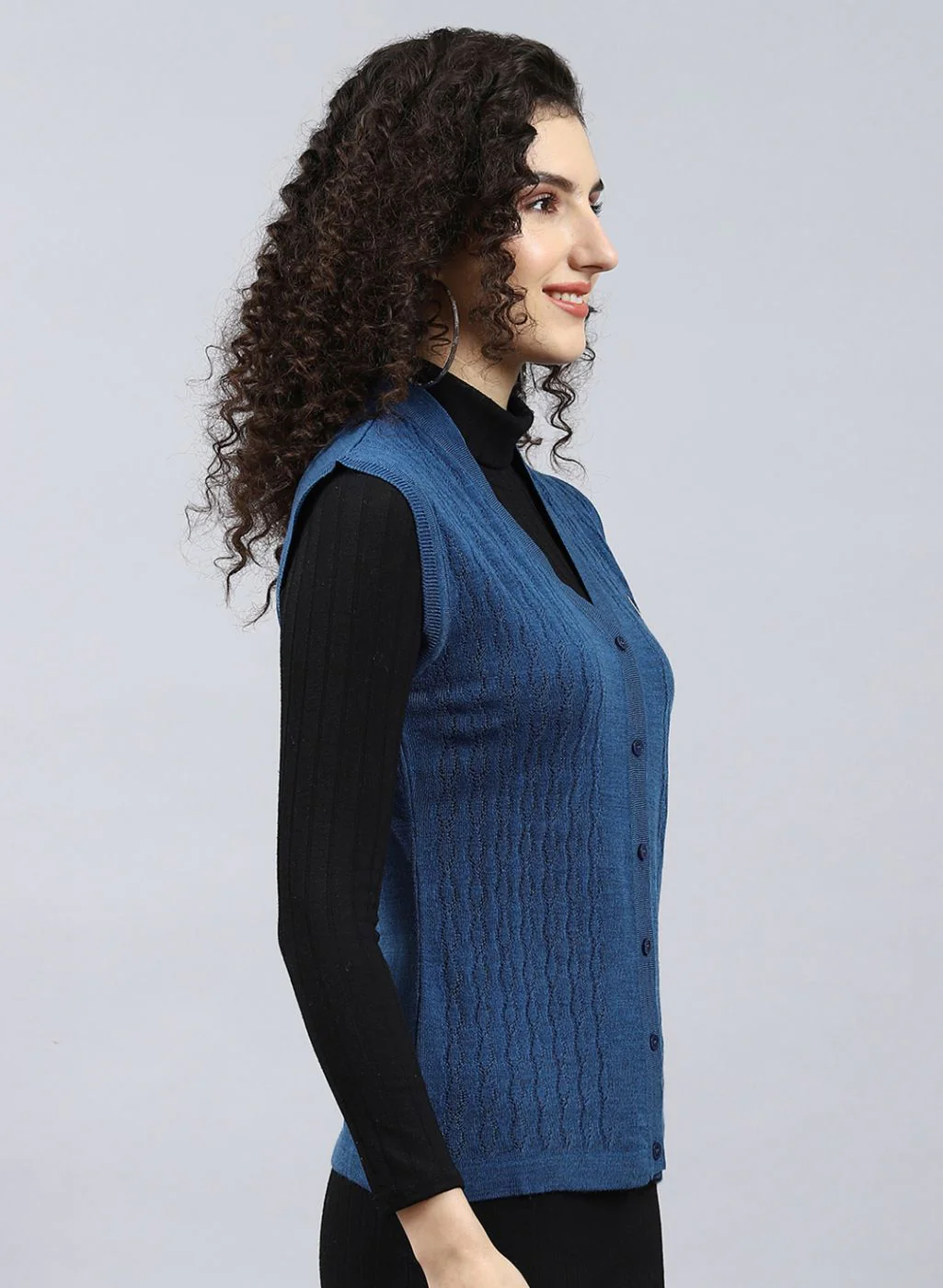 Women Blue Self Design Wool blend Cardigan - Image 4