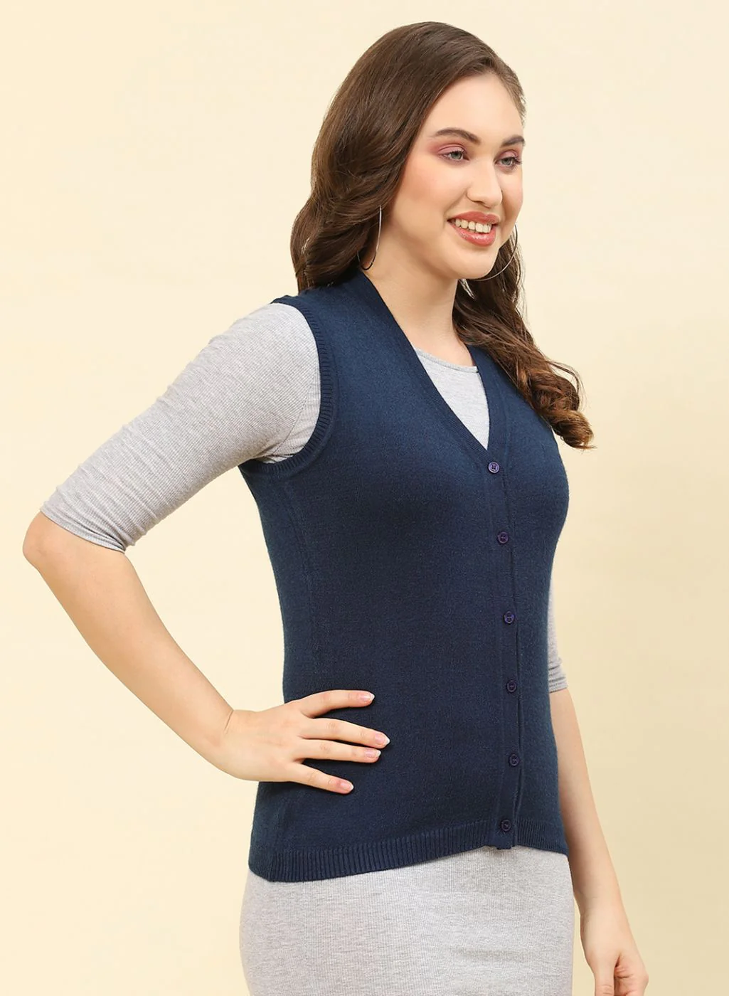 Women Blue Solid Modal Nylone Cardigan - Image 4