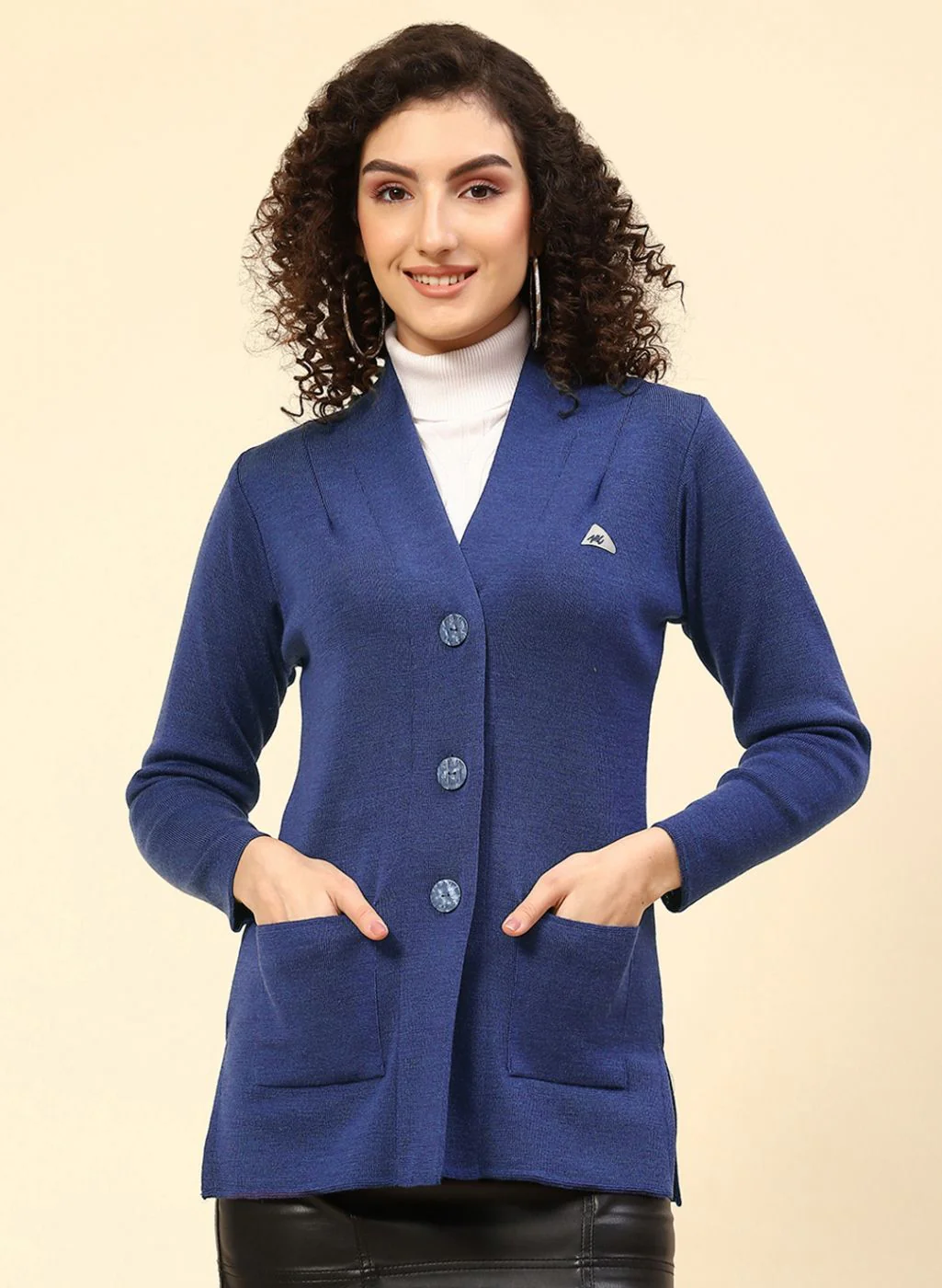 Women Blue Solid Pure wool Cardigan - Image 2