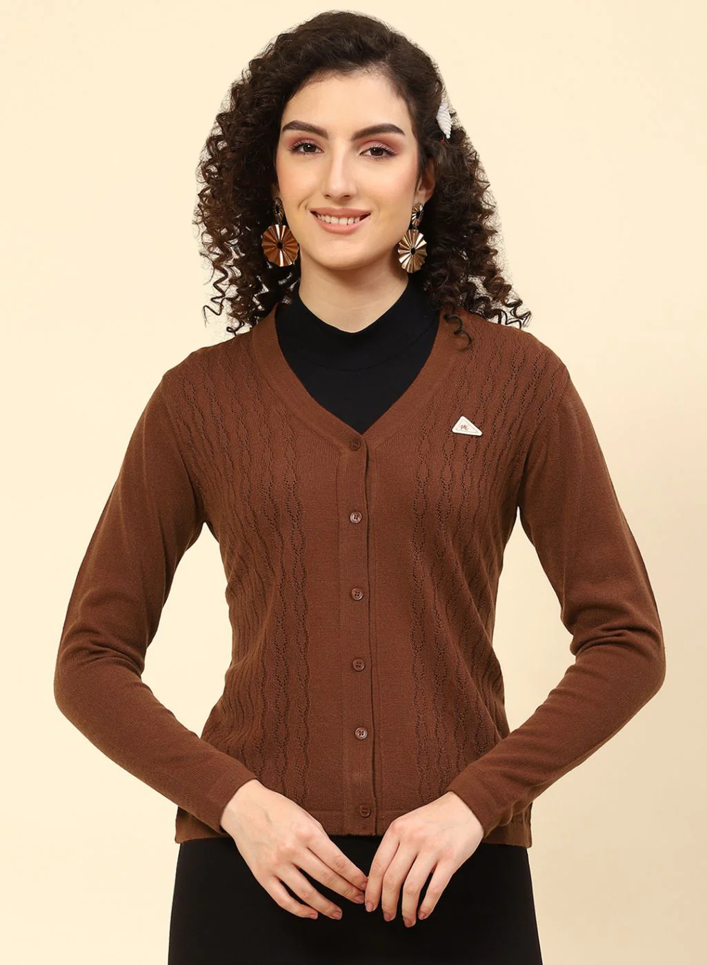Women Brown Self Design Wool blend Cardigan - Image 2