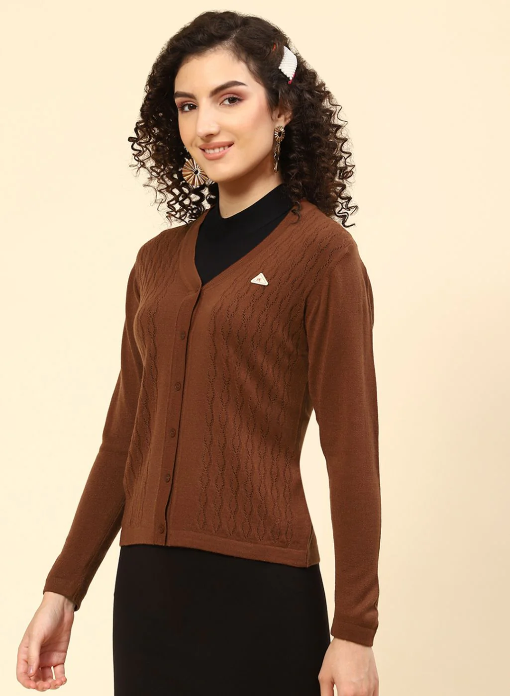 Women Brown Self Design Wool blend Cardigan - Image 3
