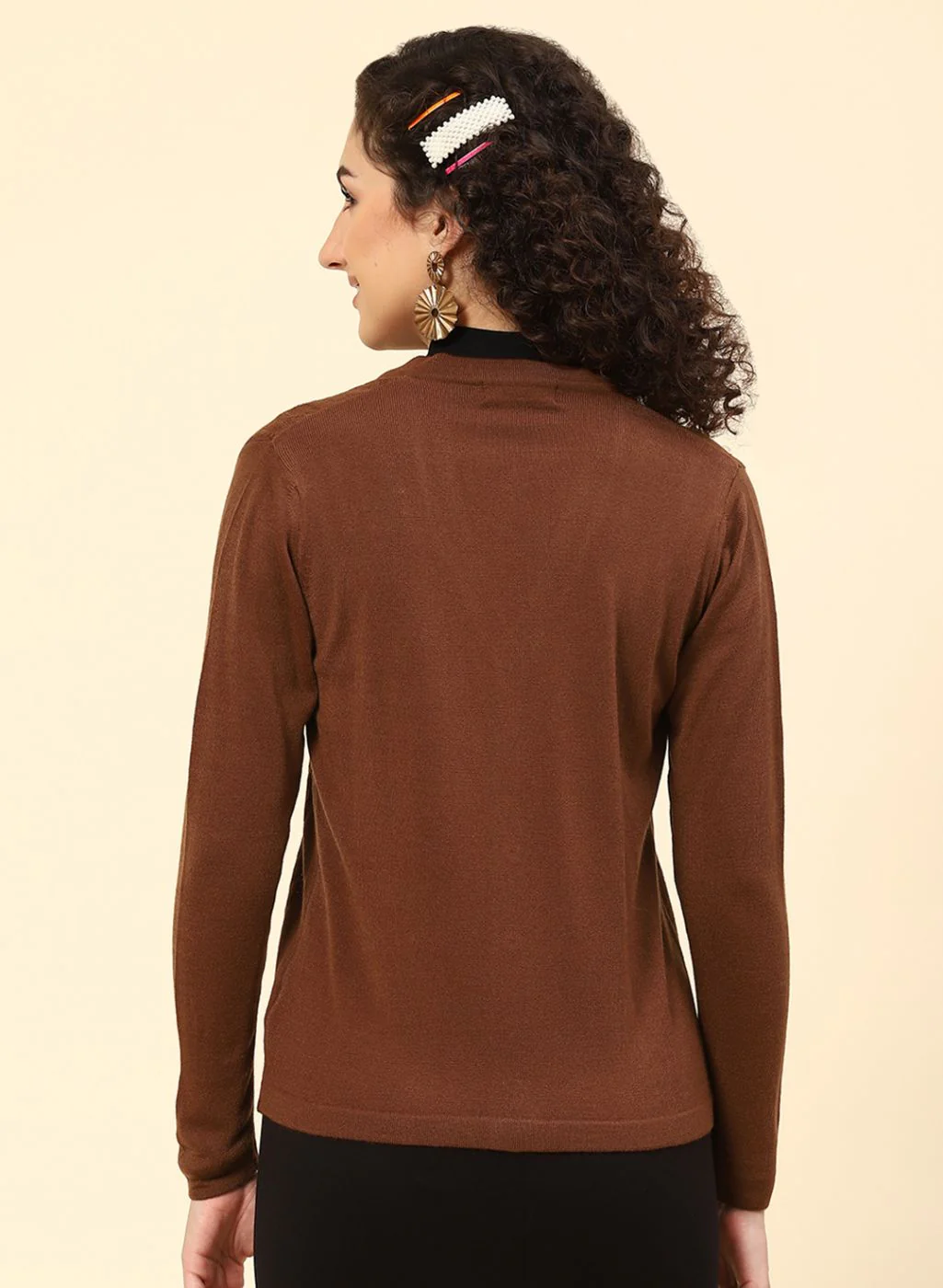 Women Brown Self Design Wool blend Cardigan - Image 5