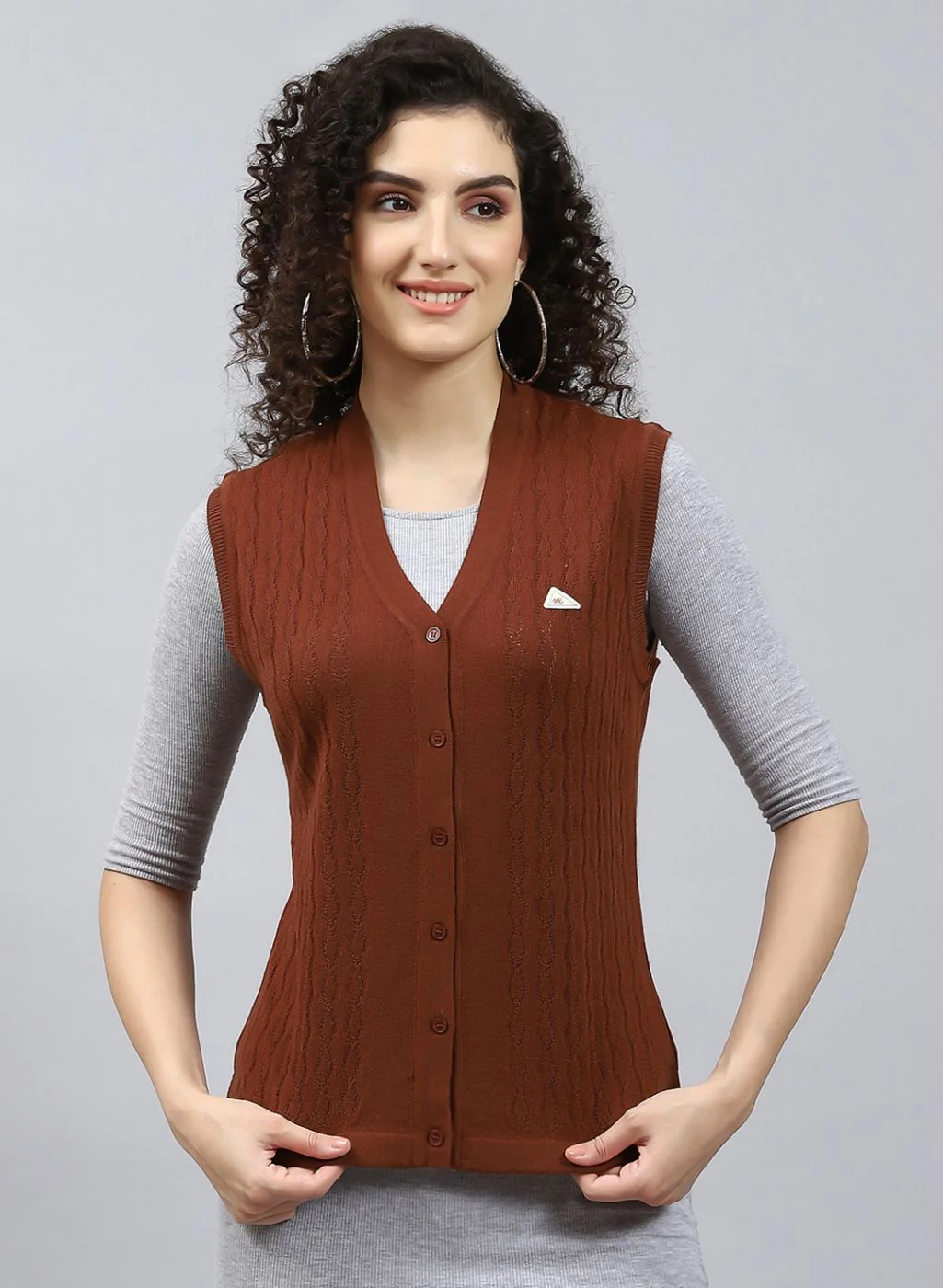 Women Brown Self Design Wool blend Cardigan - Image 2