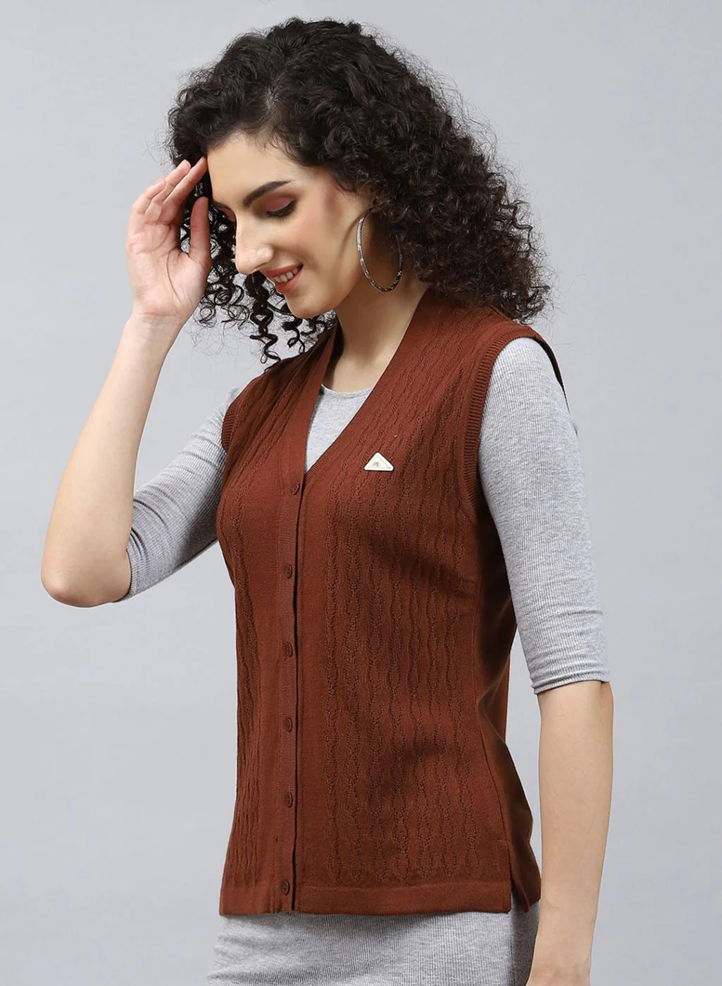 Women Brown Self Design Wool blend Cardigan - Image 3