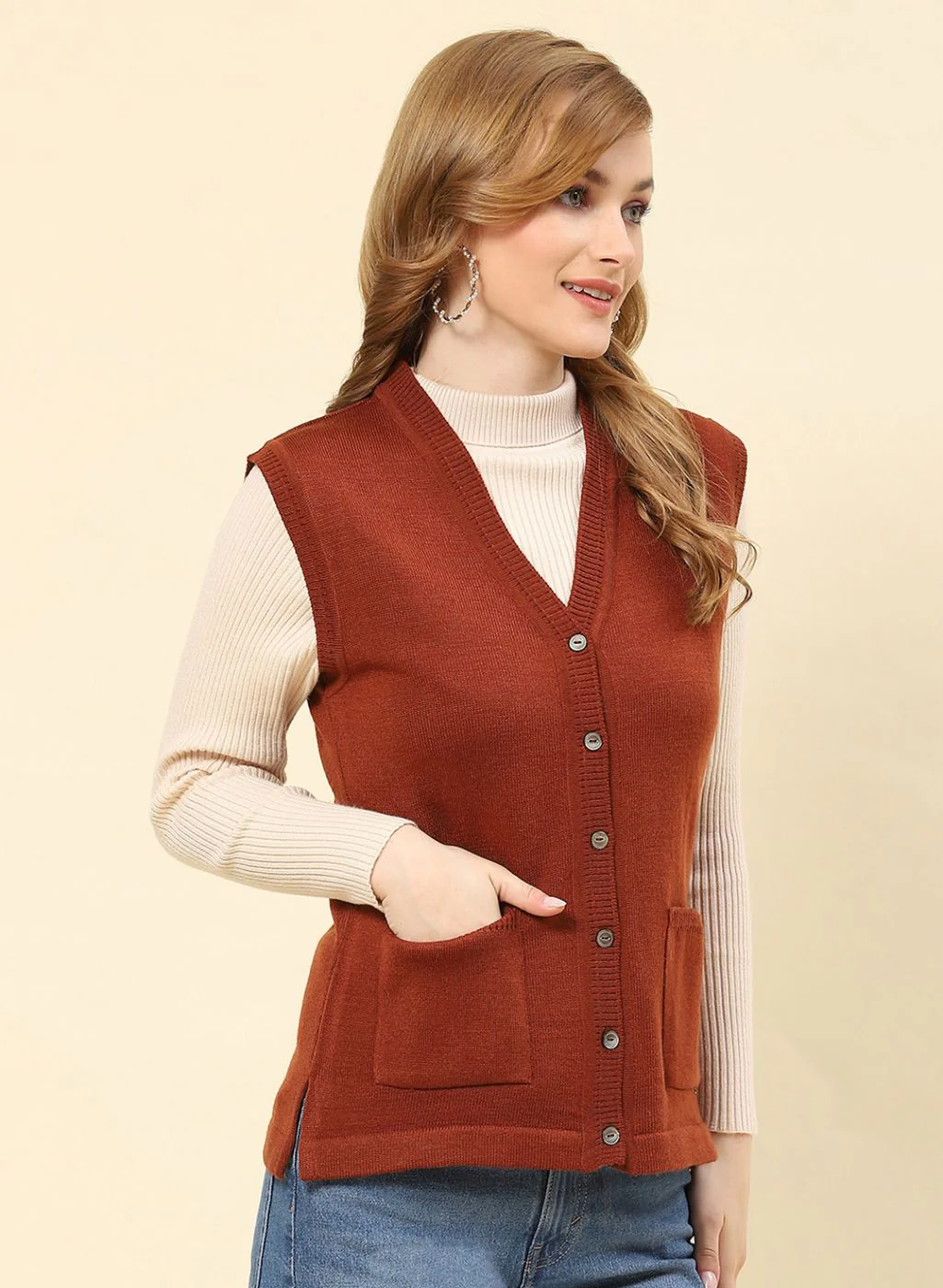 Women Brown Solid Blend wool Cardigan - Image 4