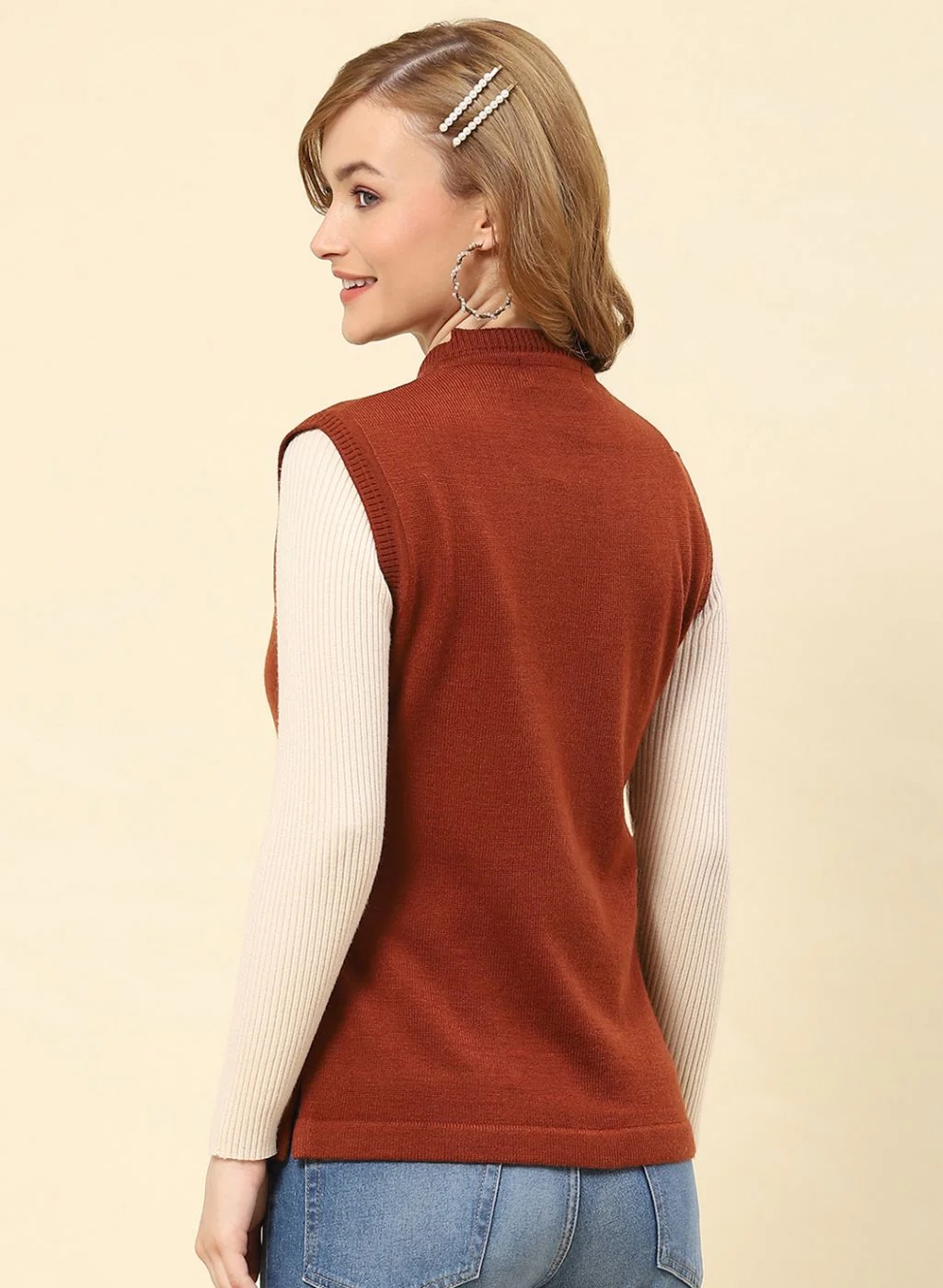 Women Brown Solid Blend wool Cardigan - Image 5