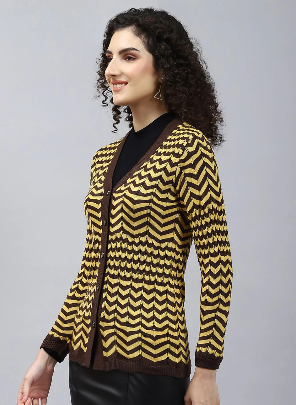Women Brown Stripe Wool blend Cardigan - Image 3