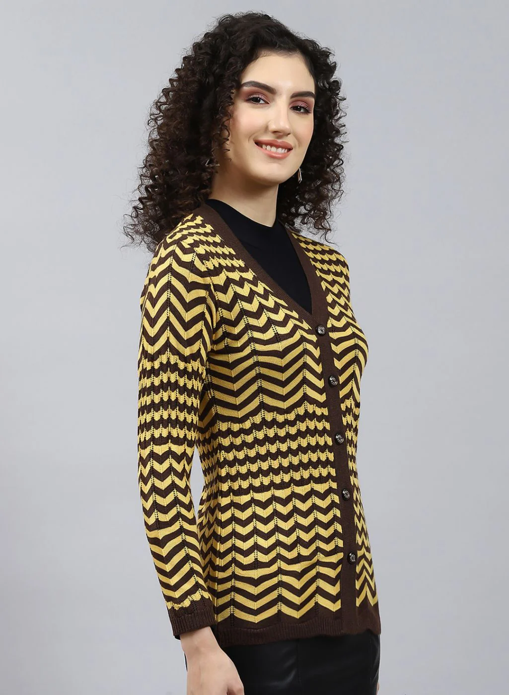 Women Brown Stripe Wool blend Cardigan - Image 4