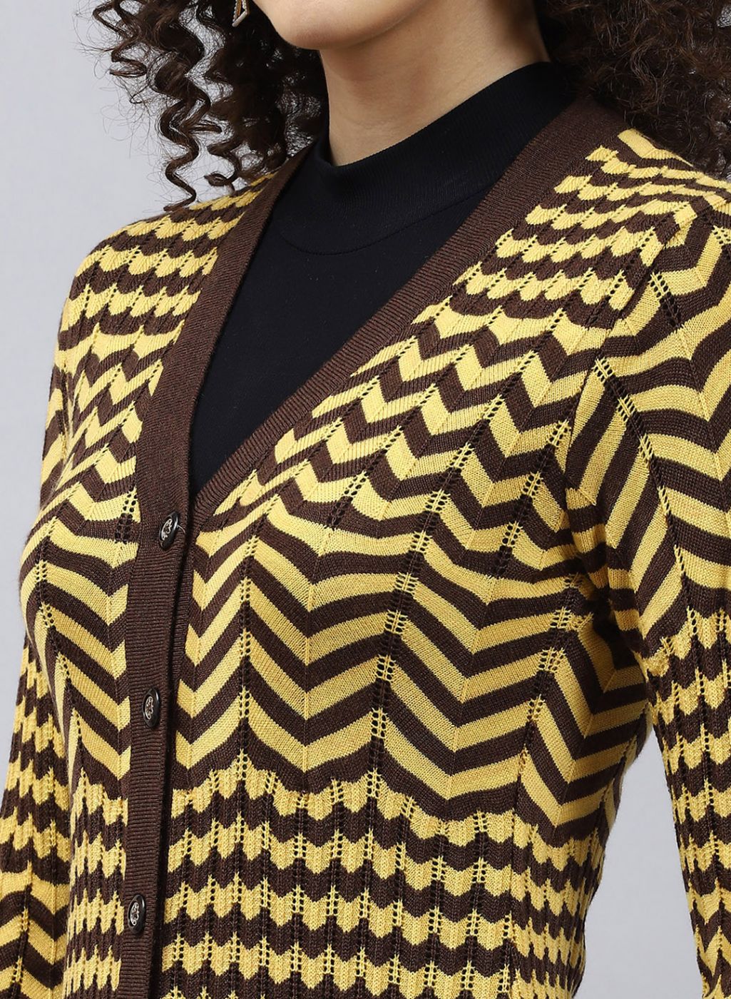 Women Brown Stripe Wool blend Cardigan - Image 6
