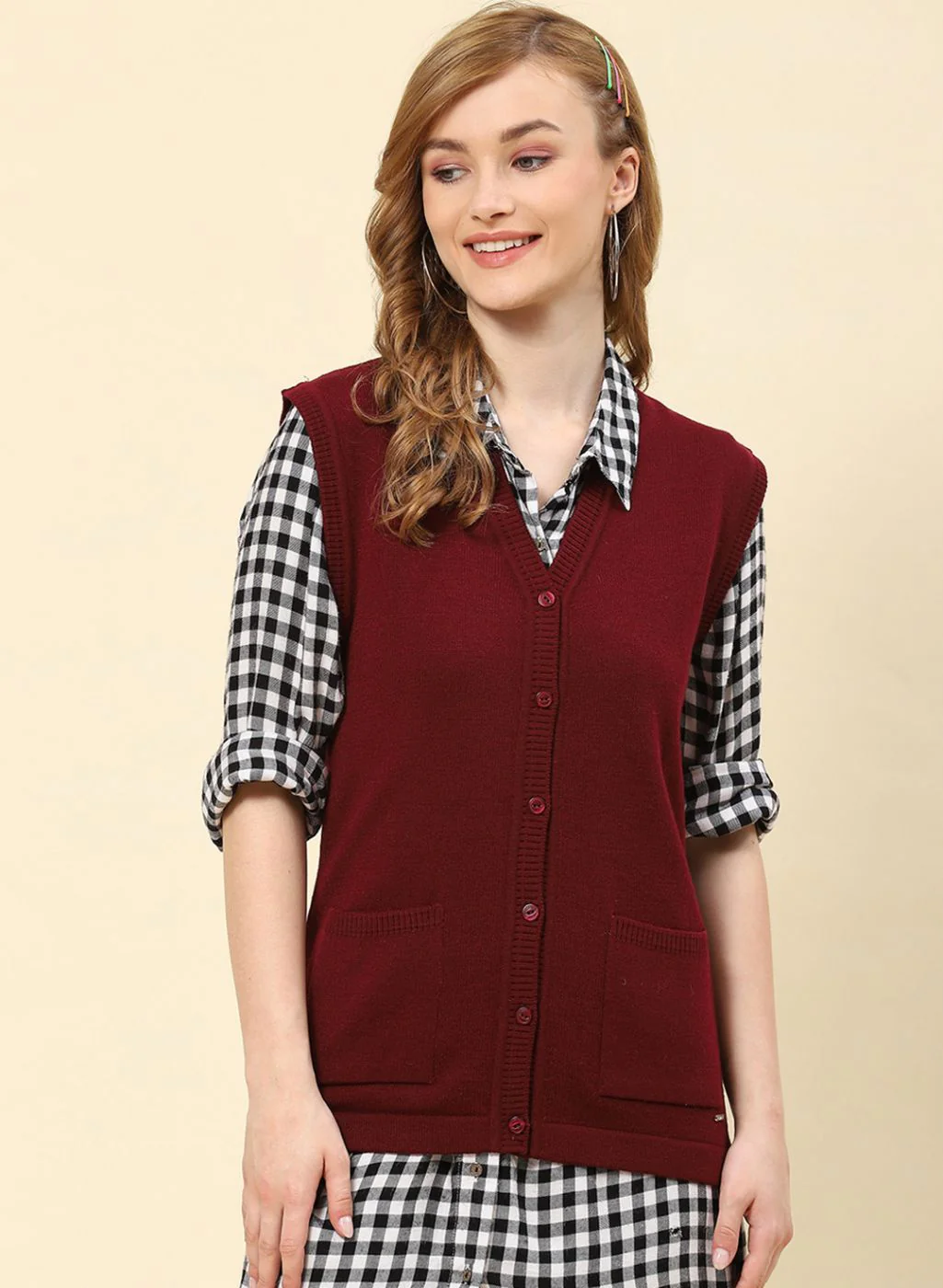 Women Burgundy Solid Blend wool Cardigan - Image 2