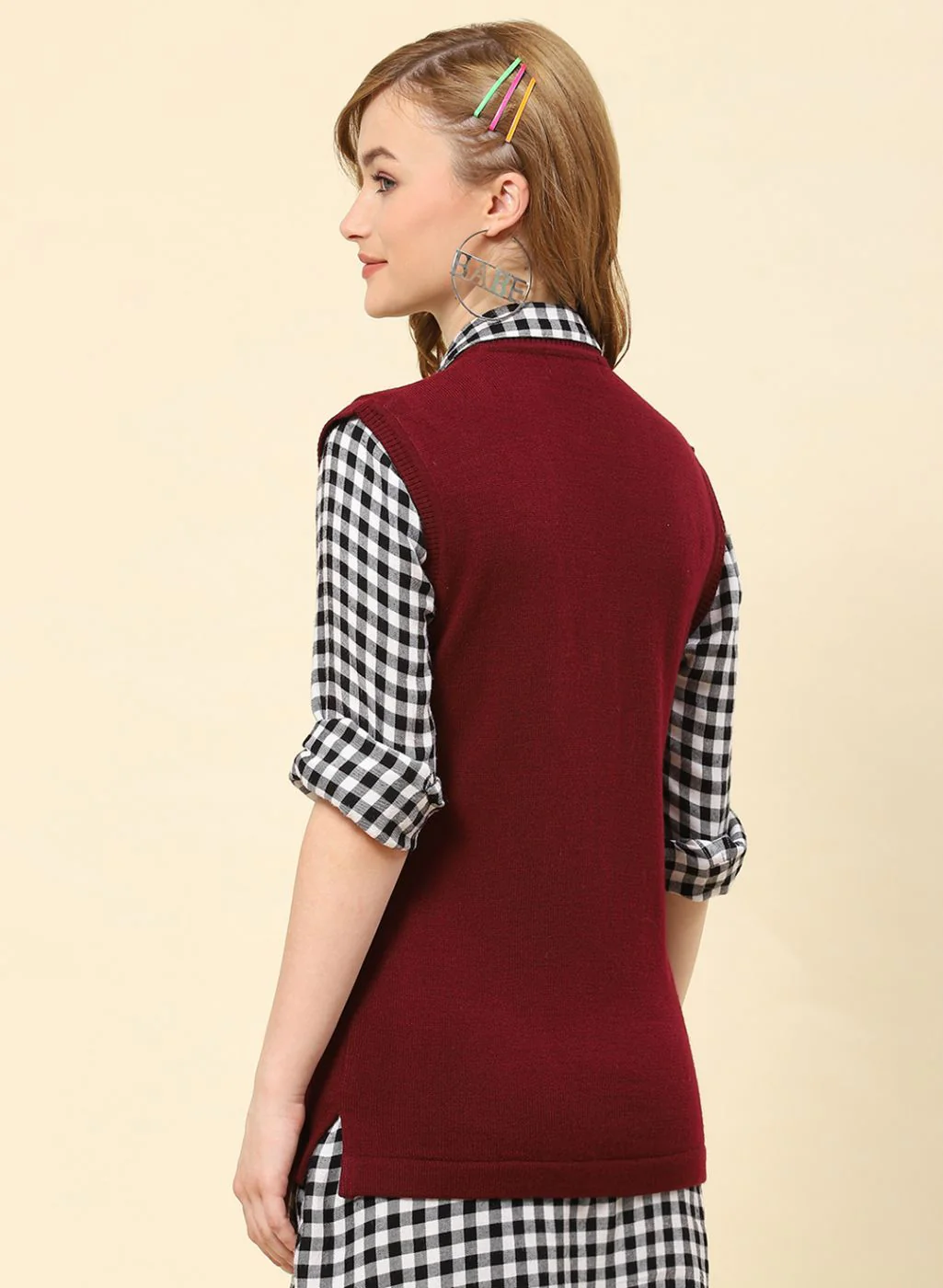 Women Burgundy Solid Blend wool Cardigan - Image 5