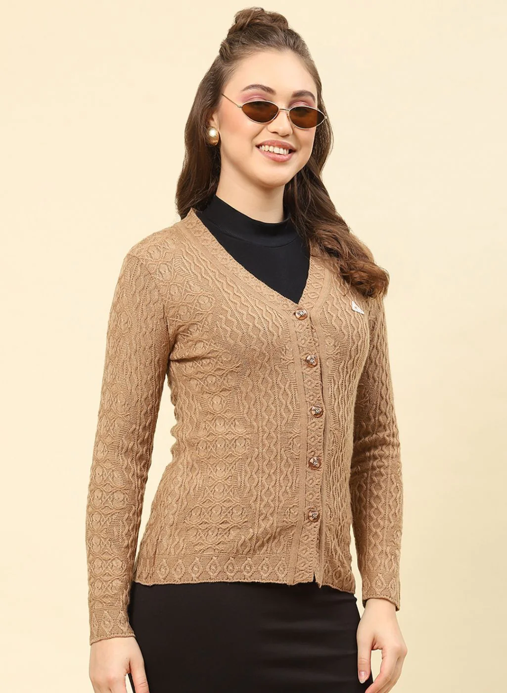 Women Camel Brown Self Design Blend wool Cardigan - Image 4