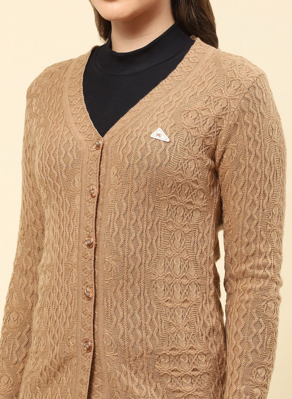Women Camel Brown Self Design Blend wool Cardigan - Image 6