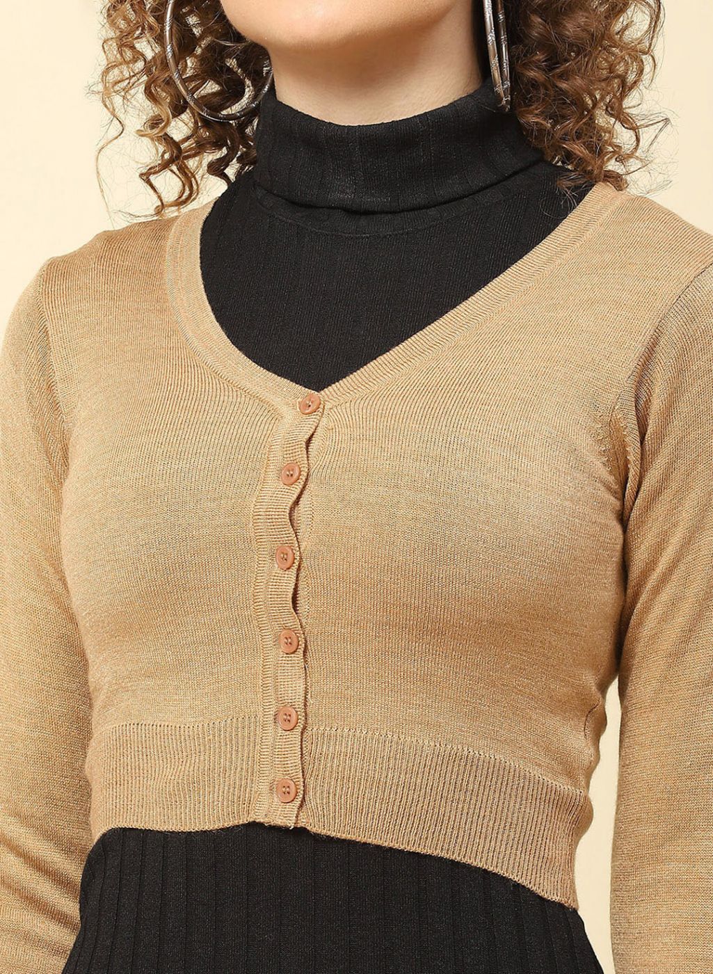Women Camel Brown Solid Blend wool Blouse - Image 6