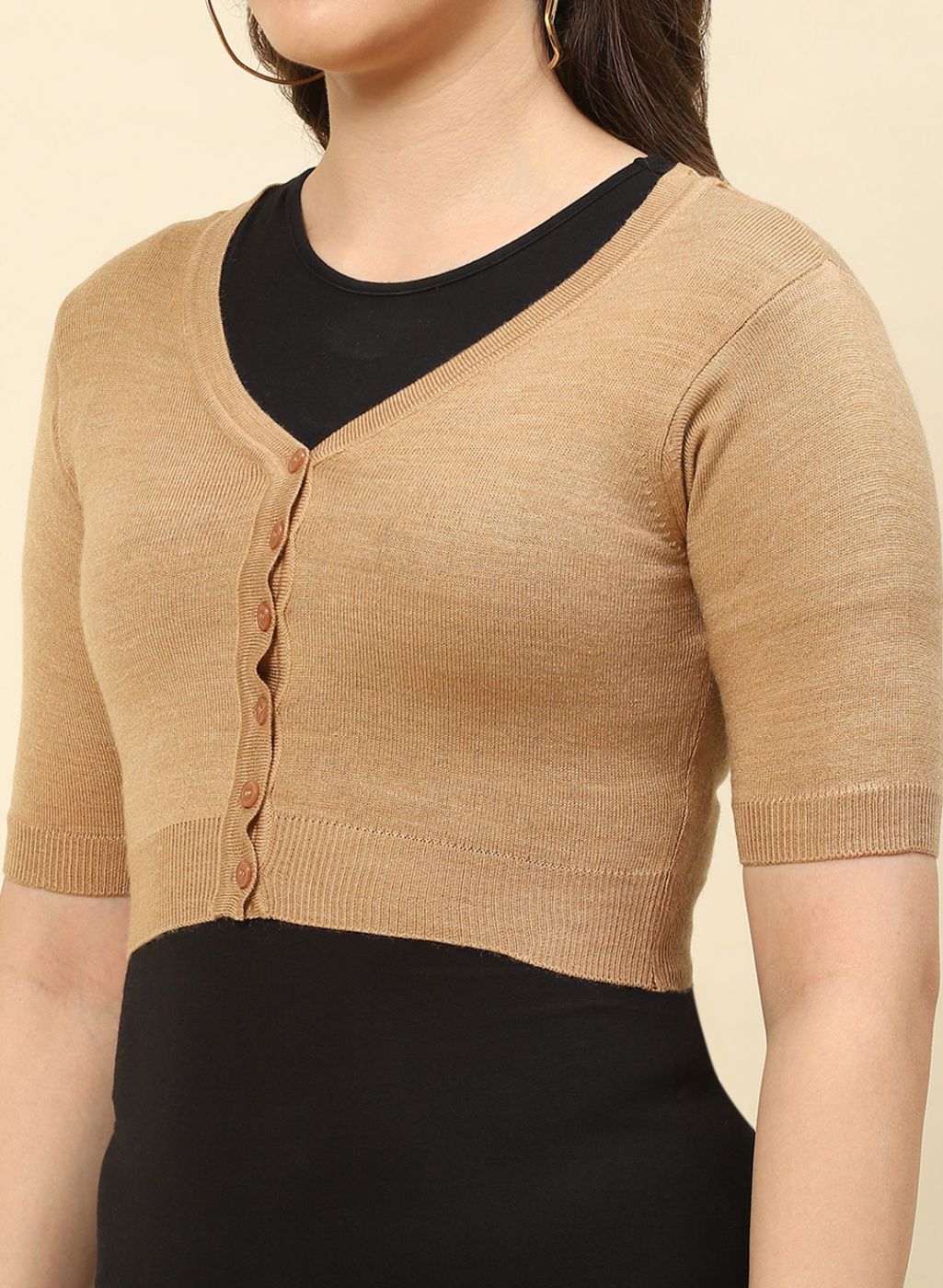 Women Camel Brown Solid Blend wool Blouse - Image 6