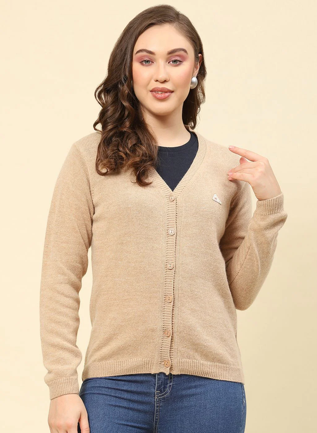 Women Camel Brown Solid Lamb wool Cardigan - Image 2