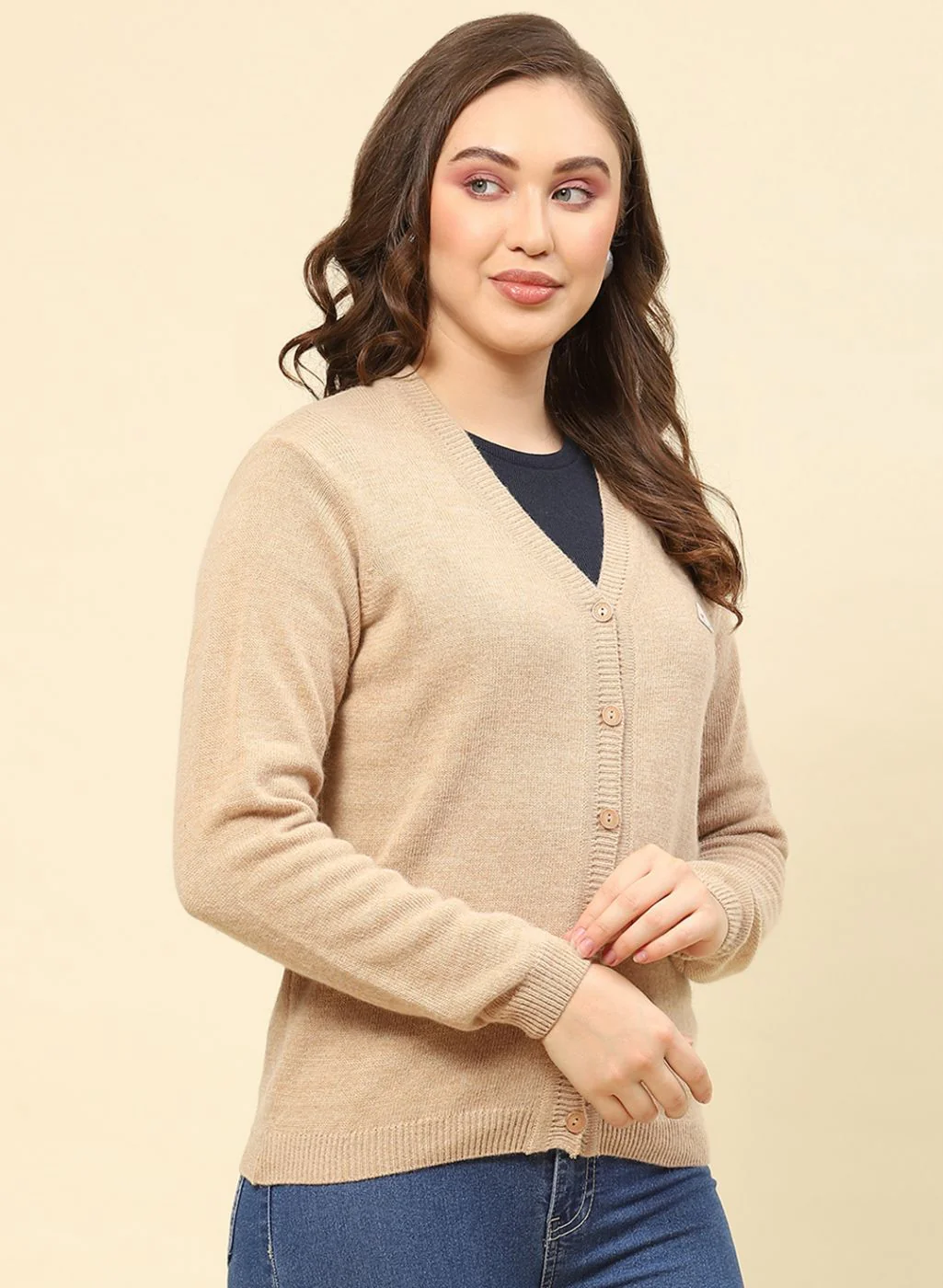 Women Camel Brown Solid Lamb wool Cardigan - Image 4