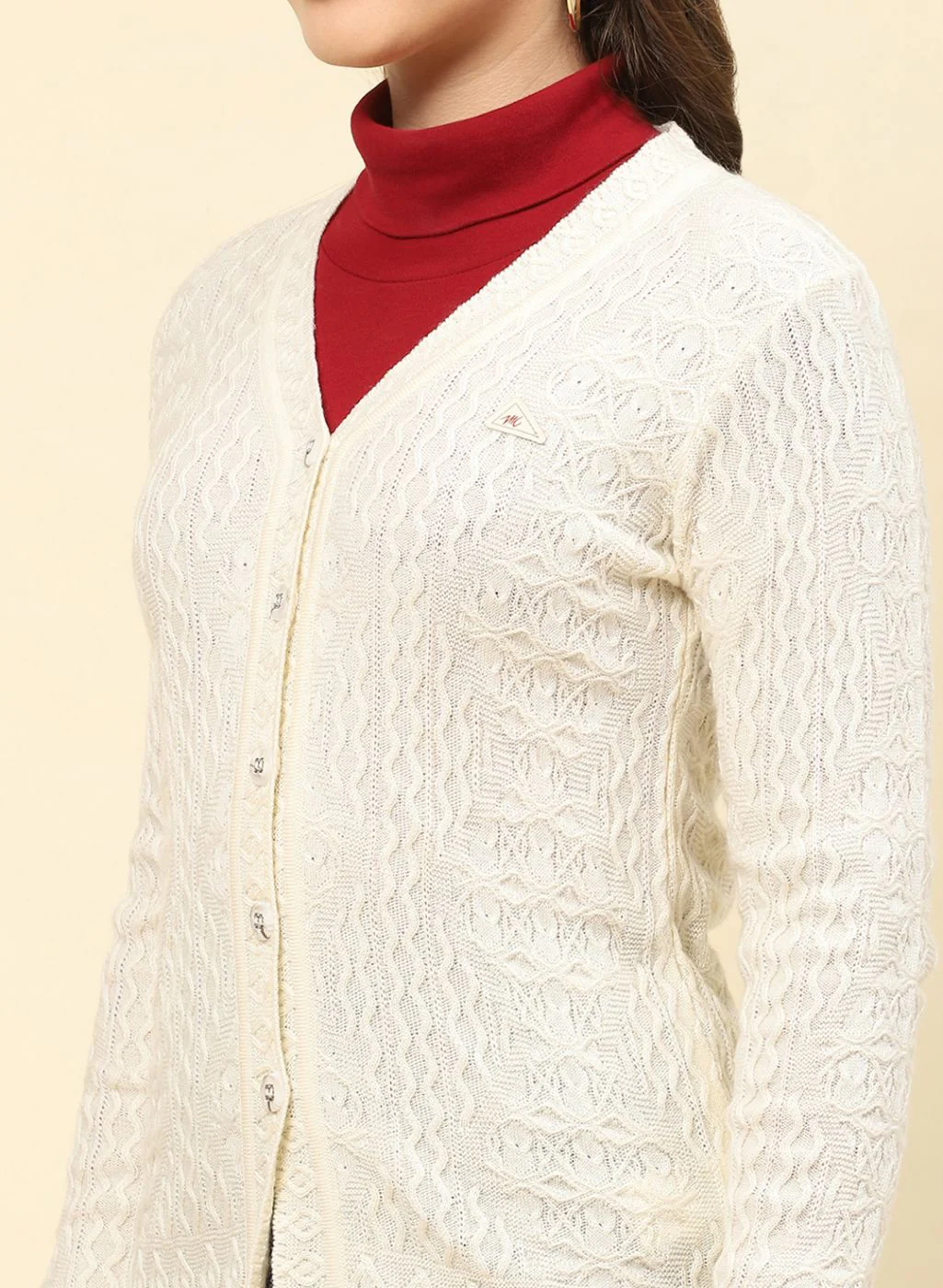 Women Cream Self Design Blend wool Cardigan - Image 6