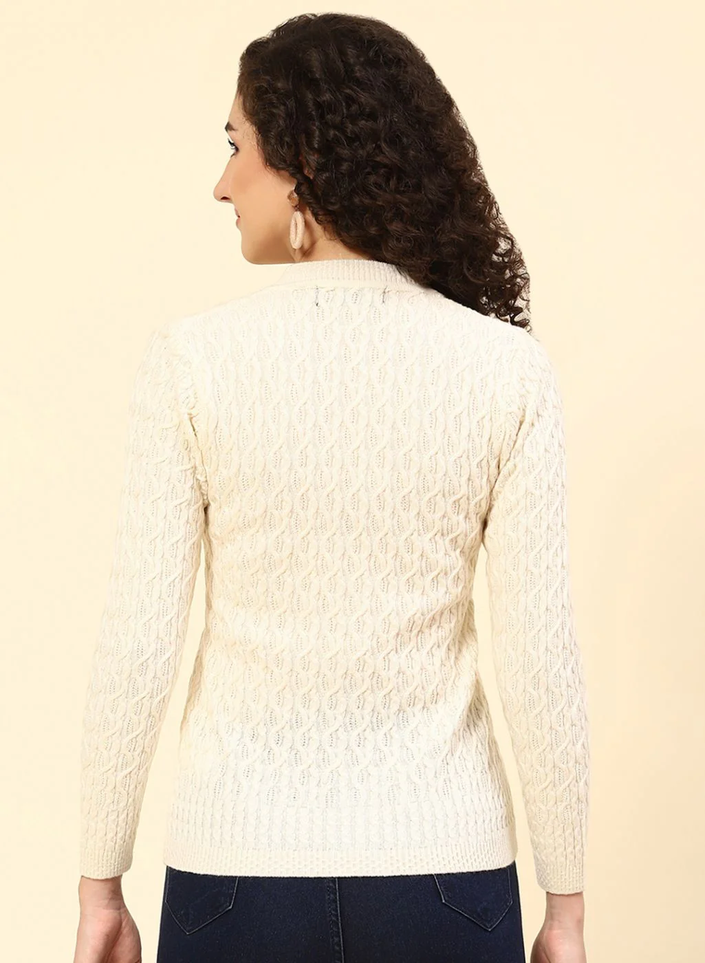 Women Cream Self Design Wool blend Cardigan - Image 5