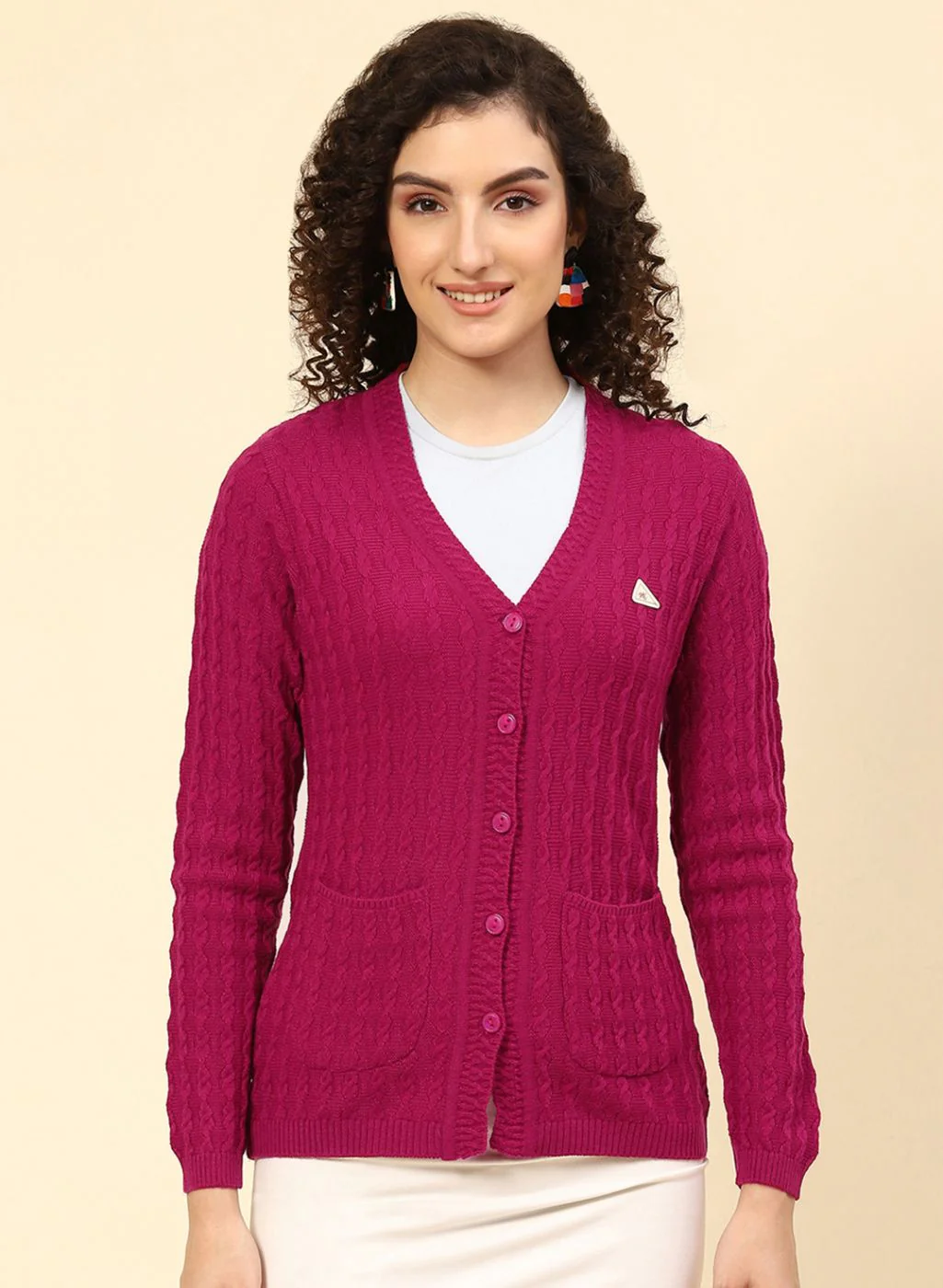 Women Dark Pink Self Design Wool blend Cardigan - Image 2