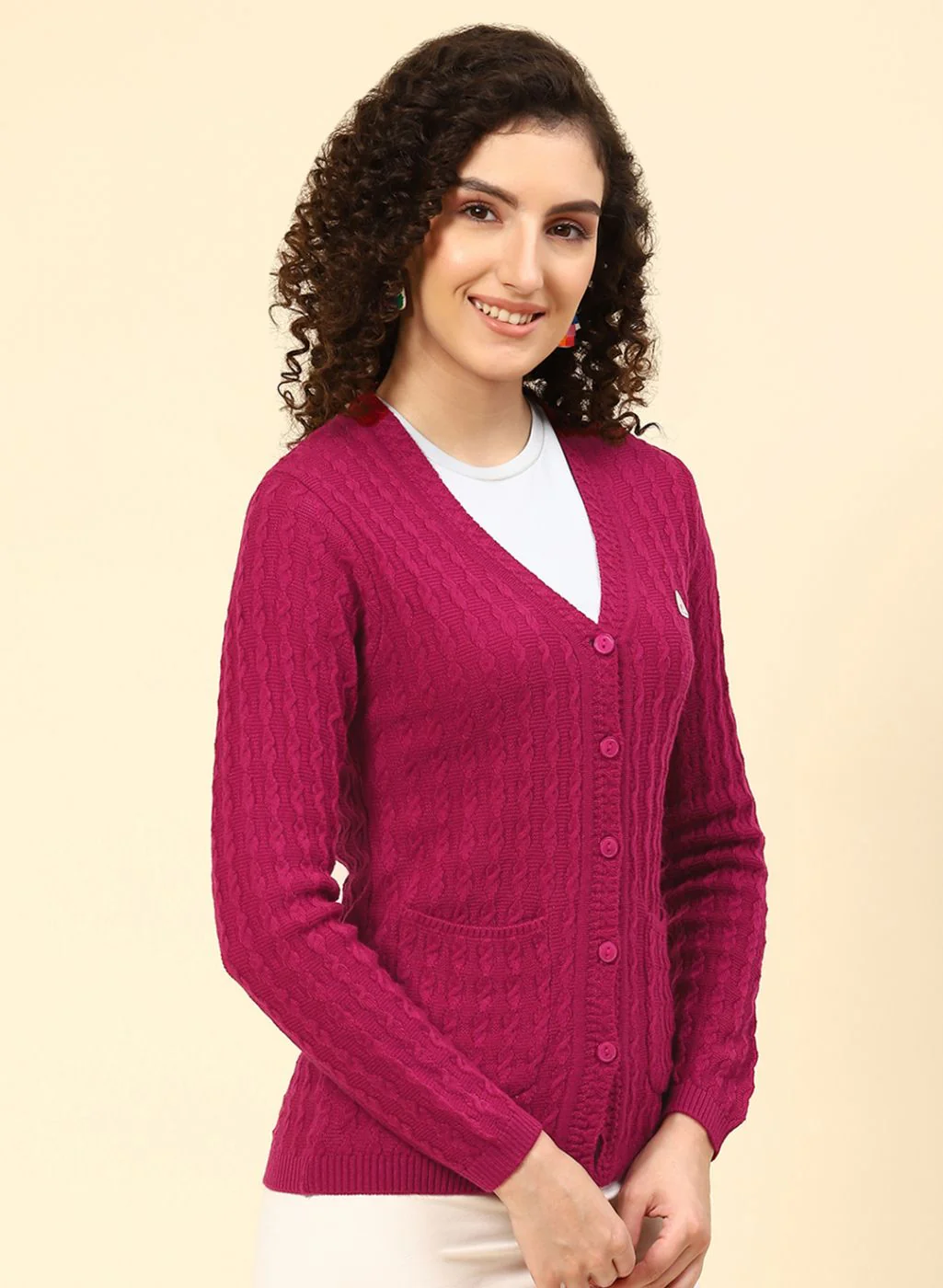 Women Dark Pink Self Design Wool blend Cardigan - Image 4