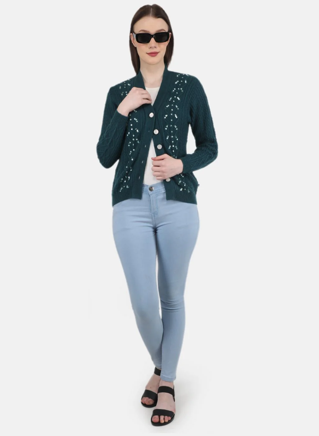 Women Green Self Design Cardigan - Image 4