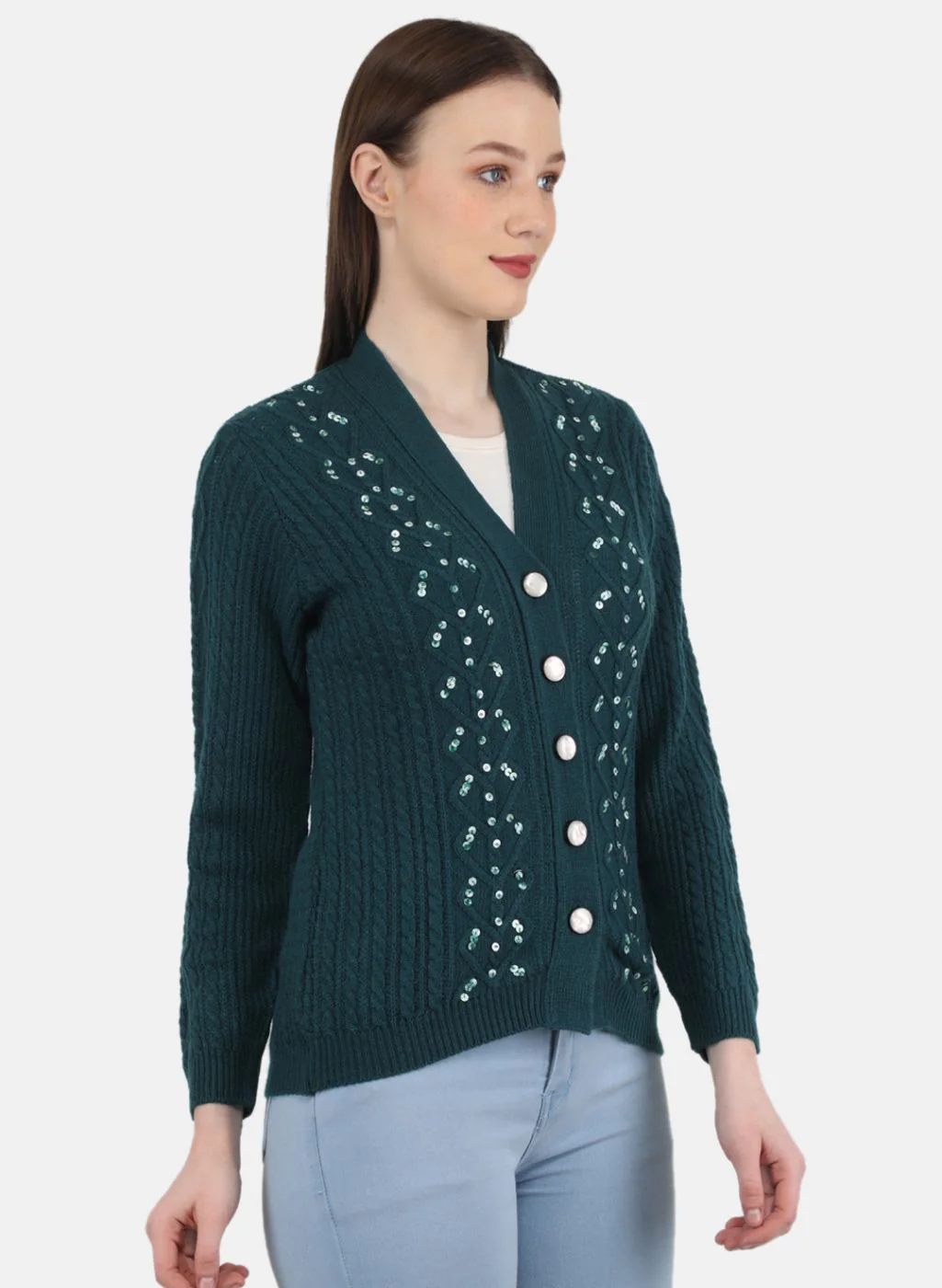 Women Green Self Design Cardigan - Image 6