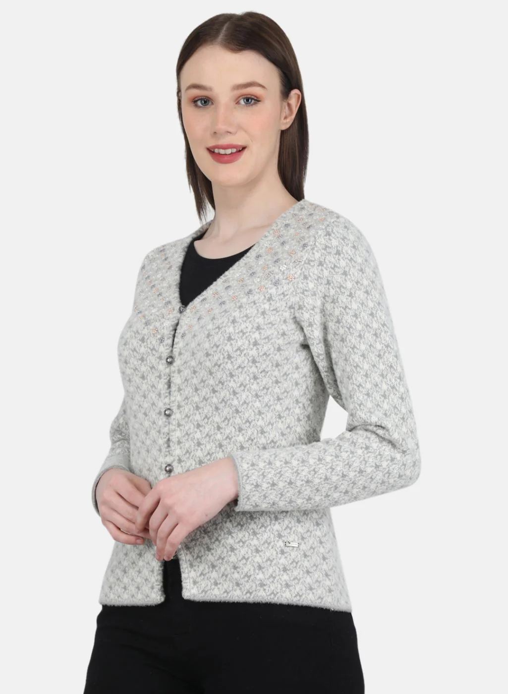 Women Grey Jaquard Cardigan - Image 2