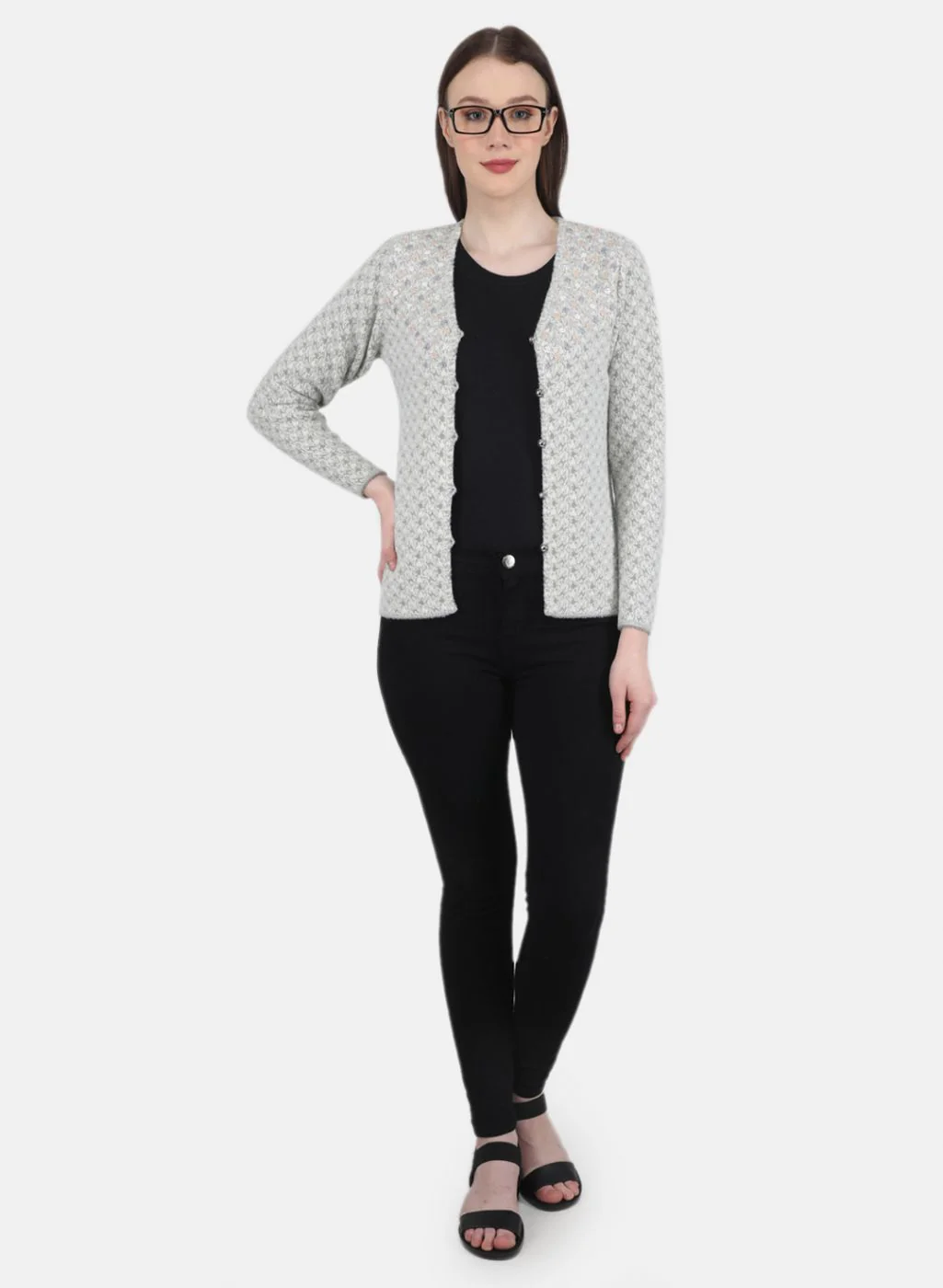 Women Grey Jaquard Cardigan - Image 4