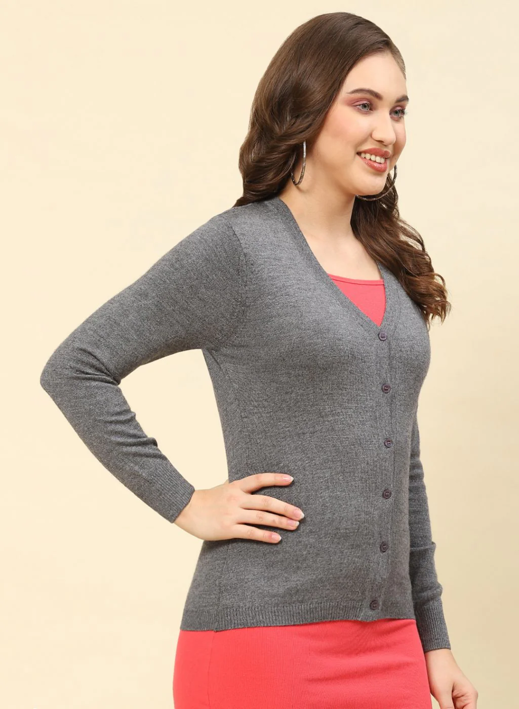 Women Grey Solid Modal Nylone Cardigan - Image 4
