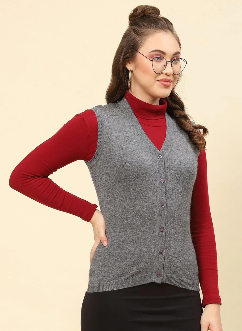 Women Grey Solid Modal Nylone Cardigan - Image 4