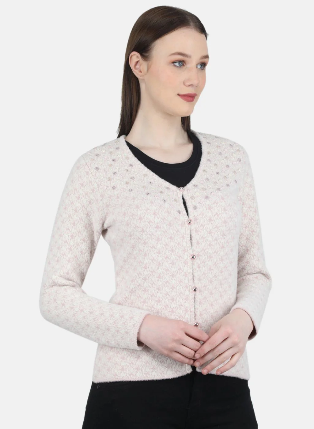 Women Light Pink Jaquard Cardigan - Image 6