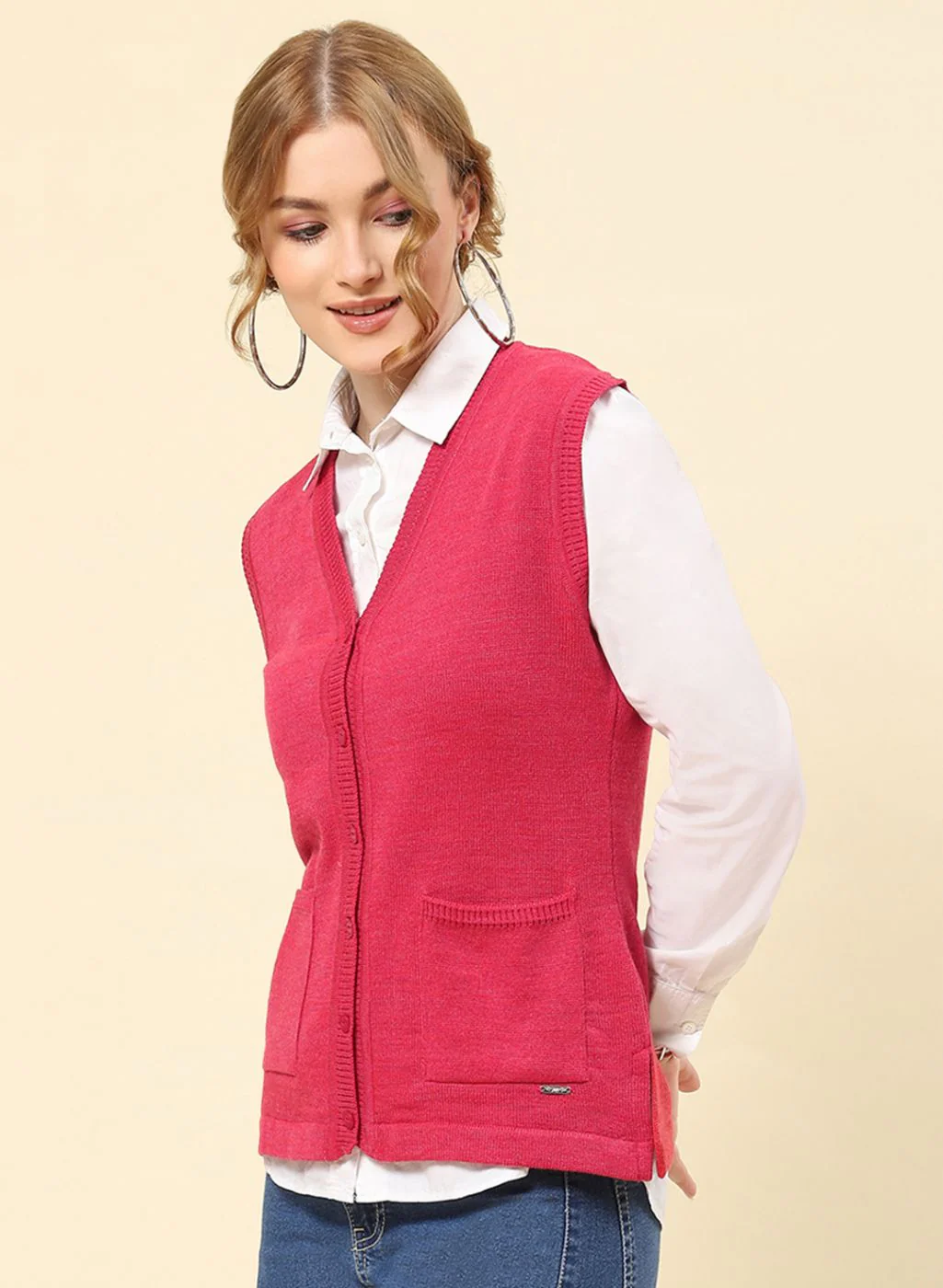 Women Light Red Solid Blend wool Cardigan - Image 3