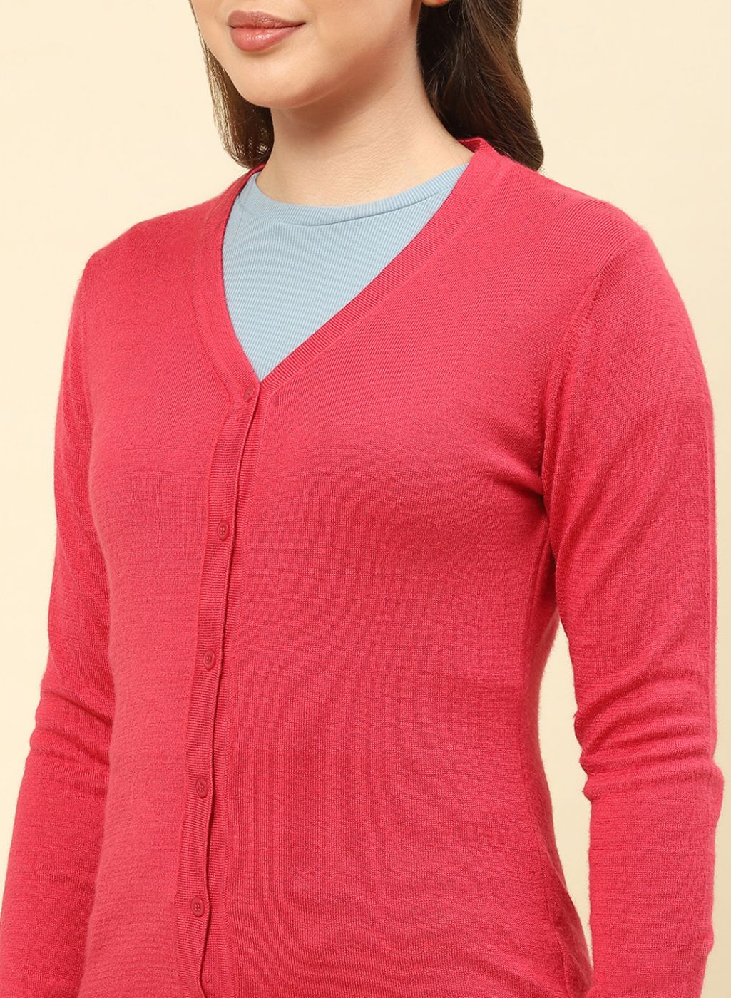 Women Light Red Solid Modal Nylone Cardigan - Image 6