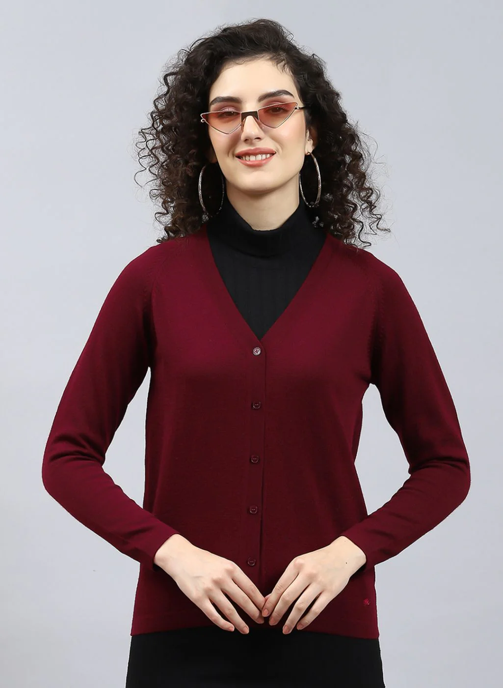 Women Maroon Solid Pure wool Cardigan - Image 2